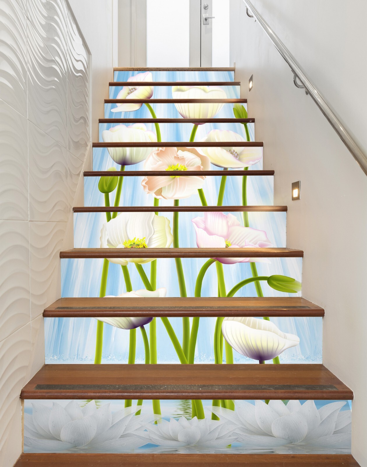 3D White Poppy 449 Stair Risers Decoration Photo Mural Vinyl Decal Wallpaper