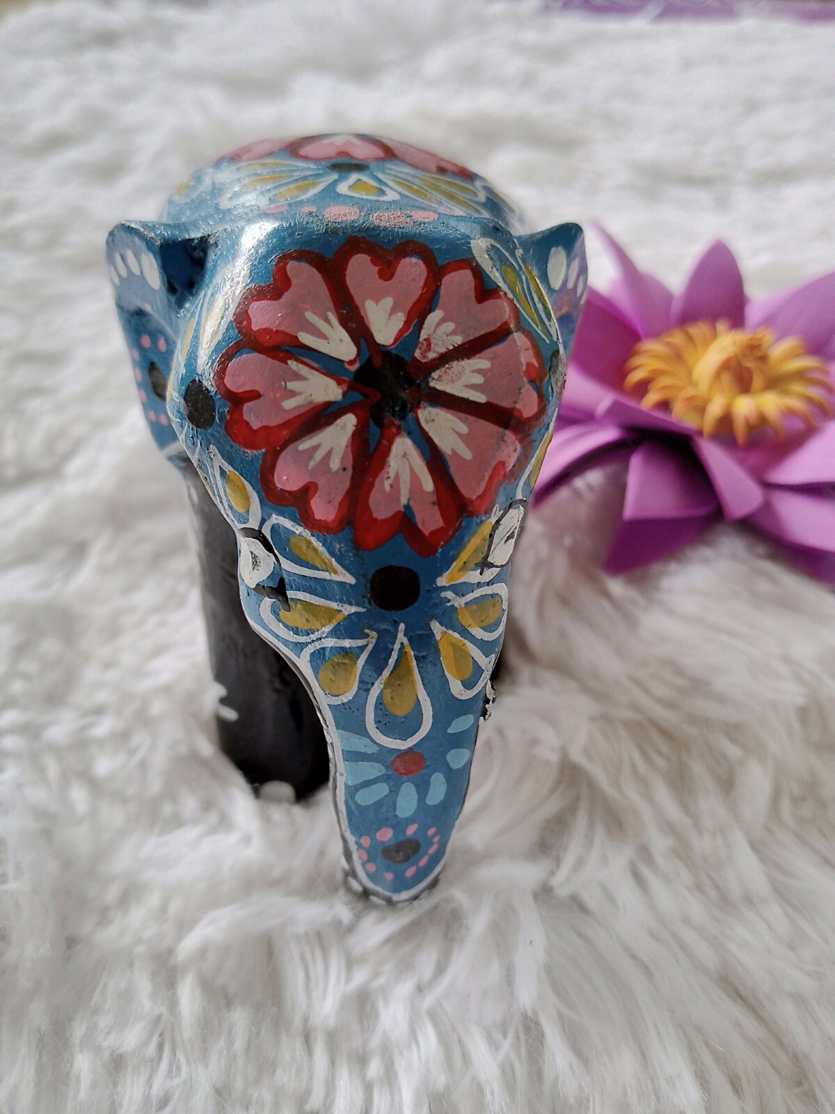 Wood Elephant Carved Lucky Statue Painted Home Decoration Art Handmade Color