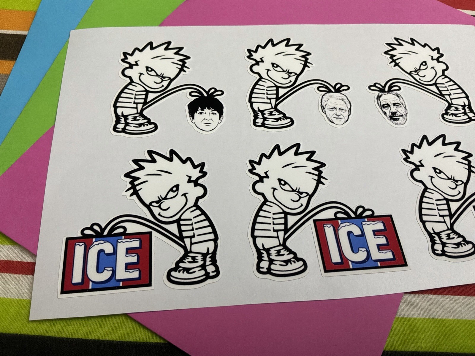 Decals Calvin Peeing On ICE, Pissing On Epstein, Maxwell, Clinton Pre-Cut Vinyl