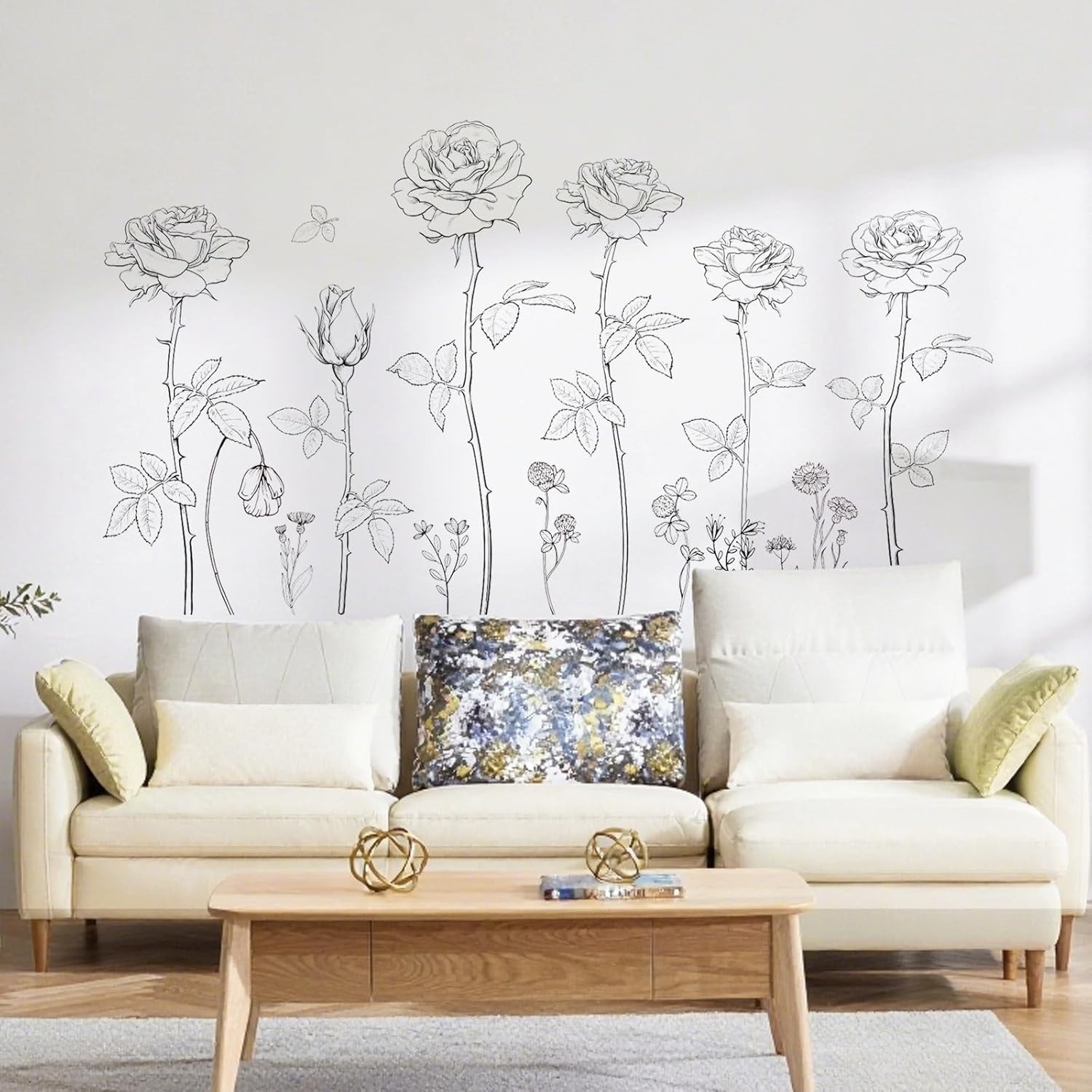 Minimalist Floral Wall Decals Line Art Flower & Leaf Wall Stickers Removable