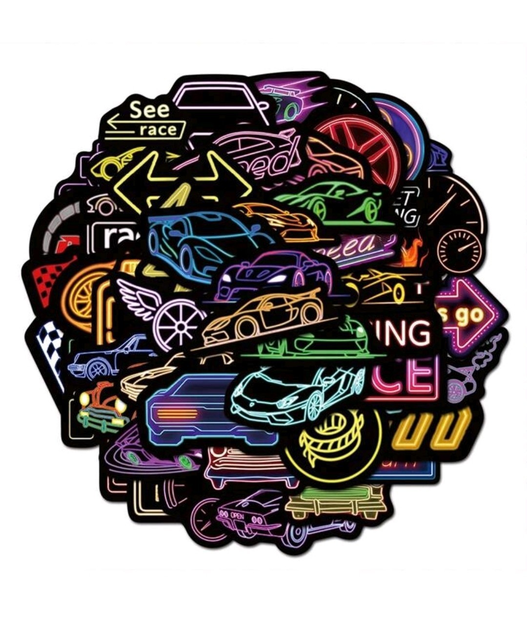 24Pcs Neon Racing Car Graffiti Stickers