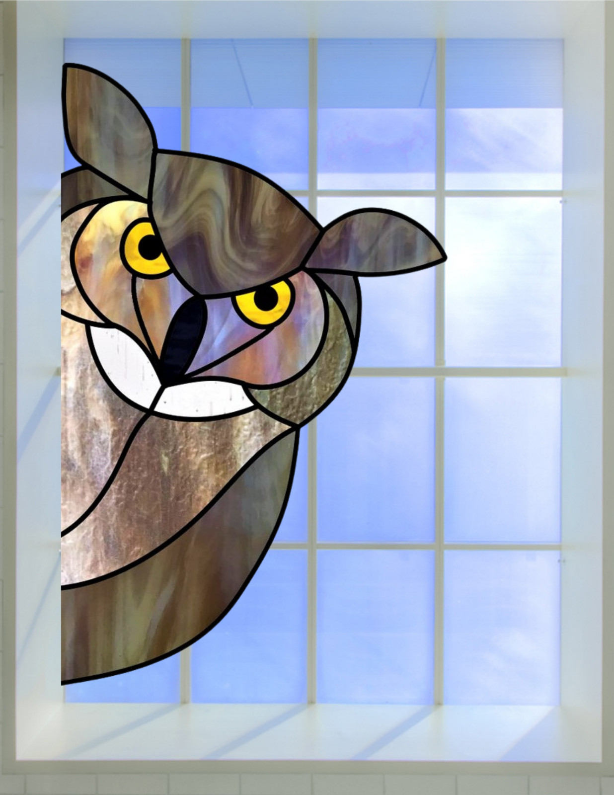 Peeking Horned Owl Faux Stained-Glass WINDOW CLING Size 10.6" Vinyl