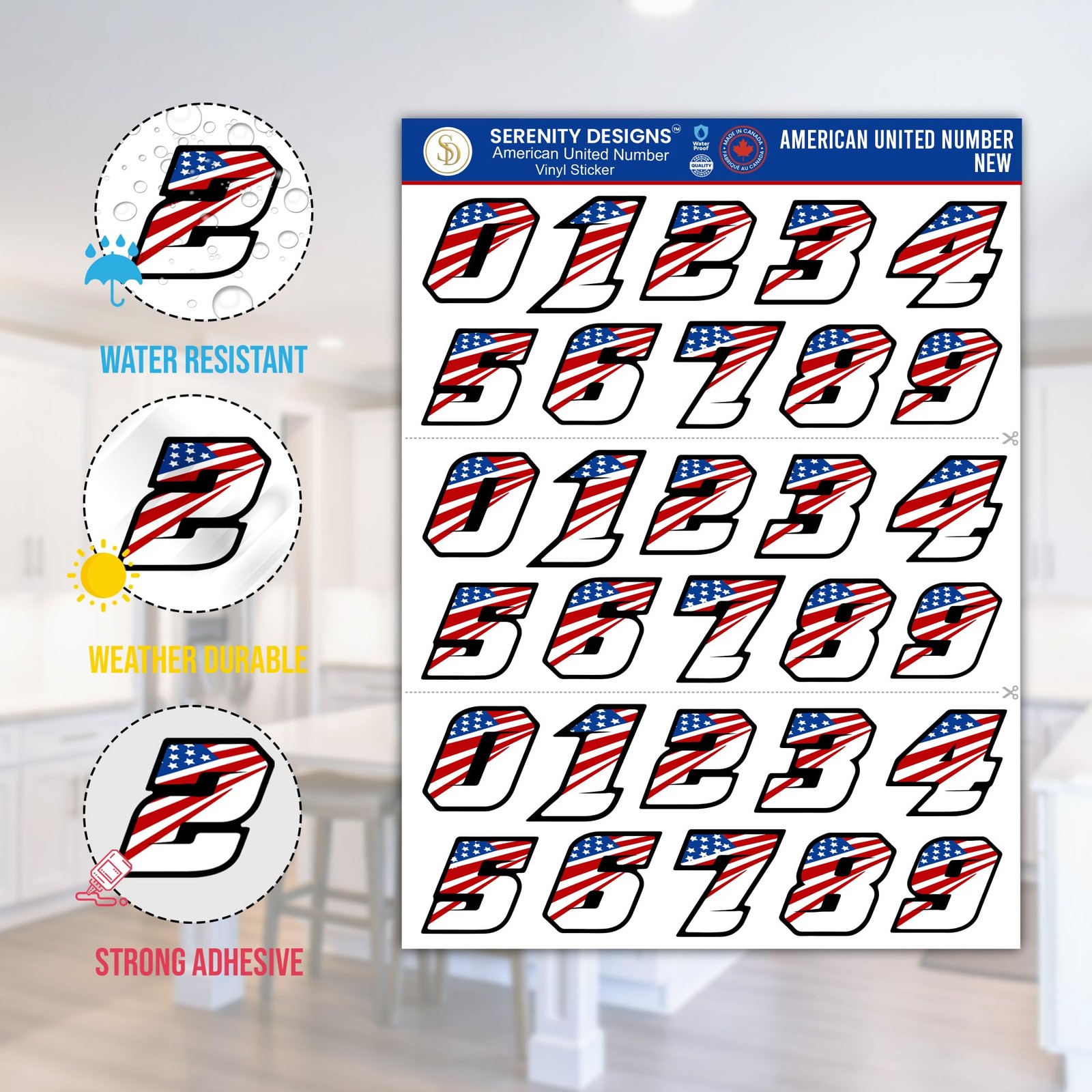 Patriotic American Flag Number Stickers for Helmets, Blue, Red, Black, White
