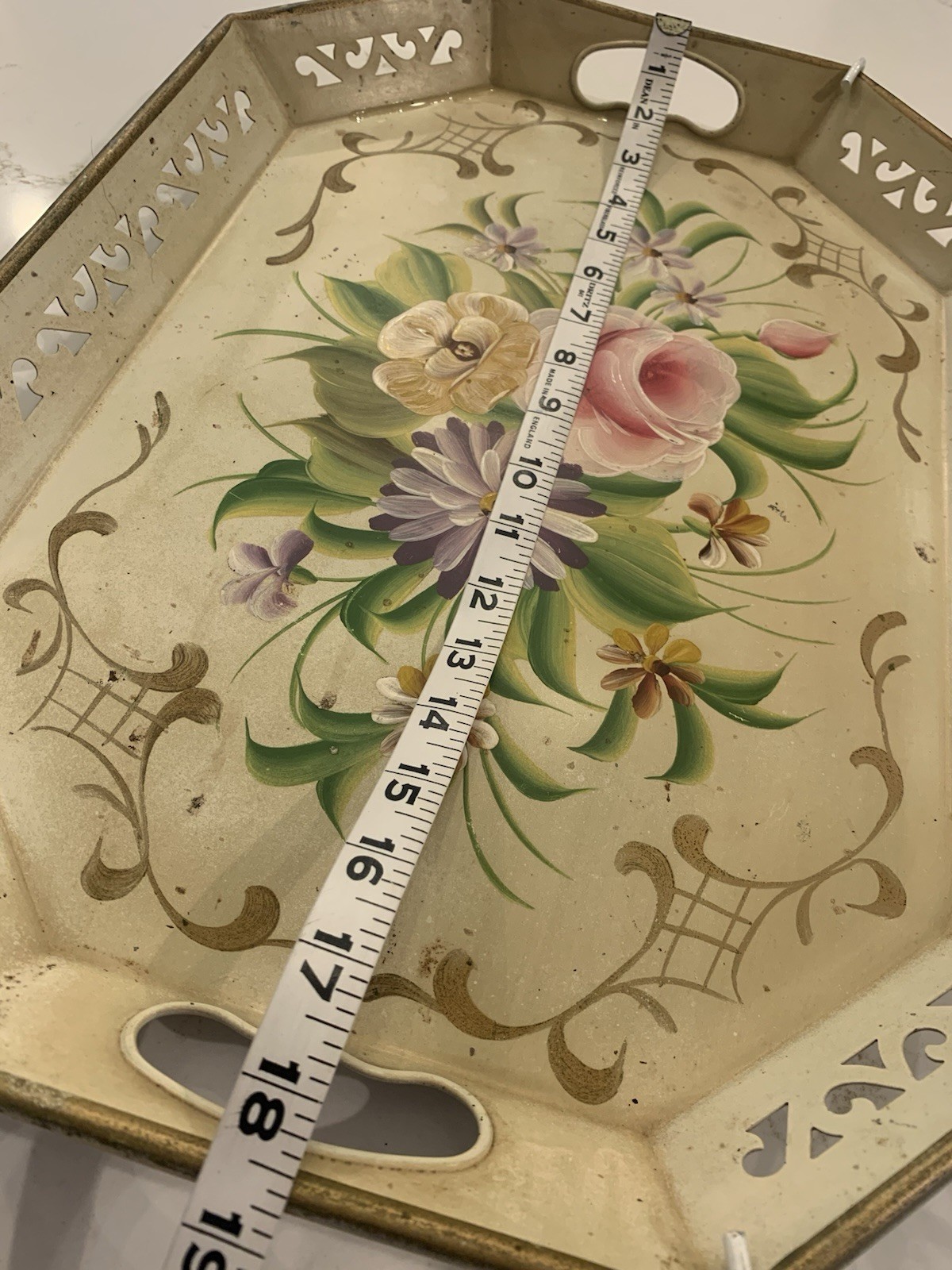 Vintage 1940’s Floral Hand Painted Metal Tray Handled Toleware Wall Art 18”