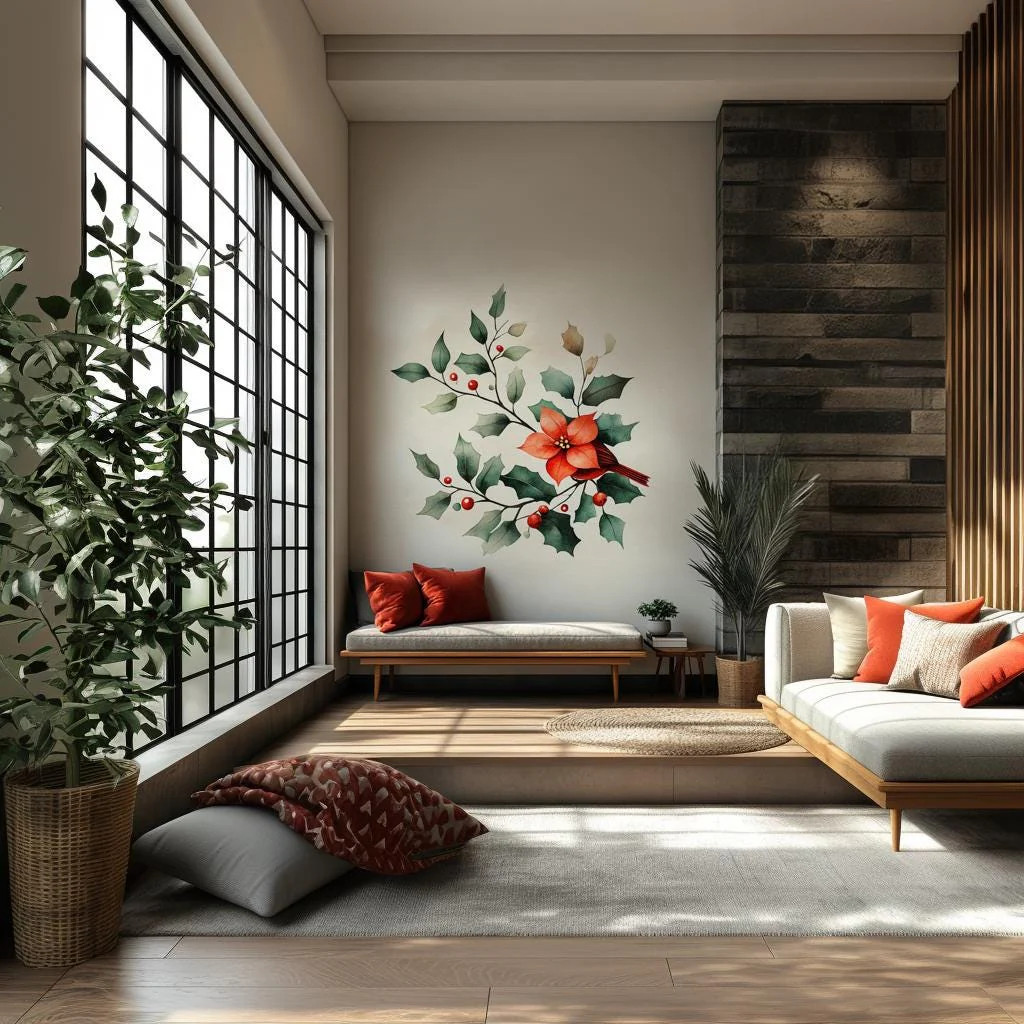 Poinsettia Holly Wall Mural | Christmas Floral Wall Art