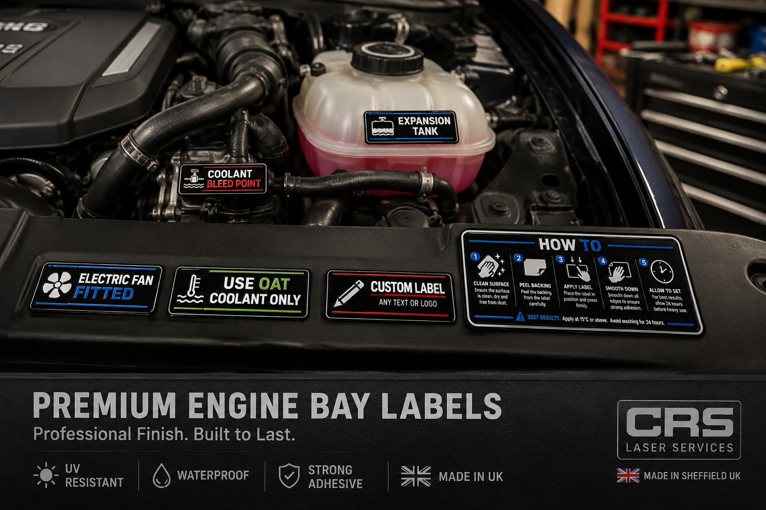Engine Bay Warning Labels Custom Cooling System UV Raised Stickers