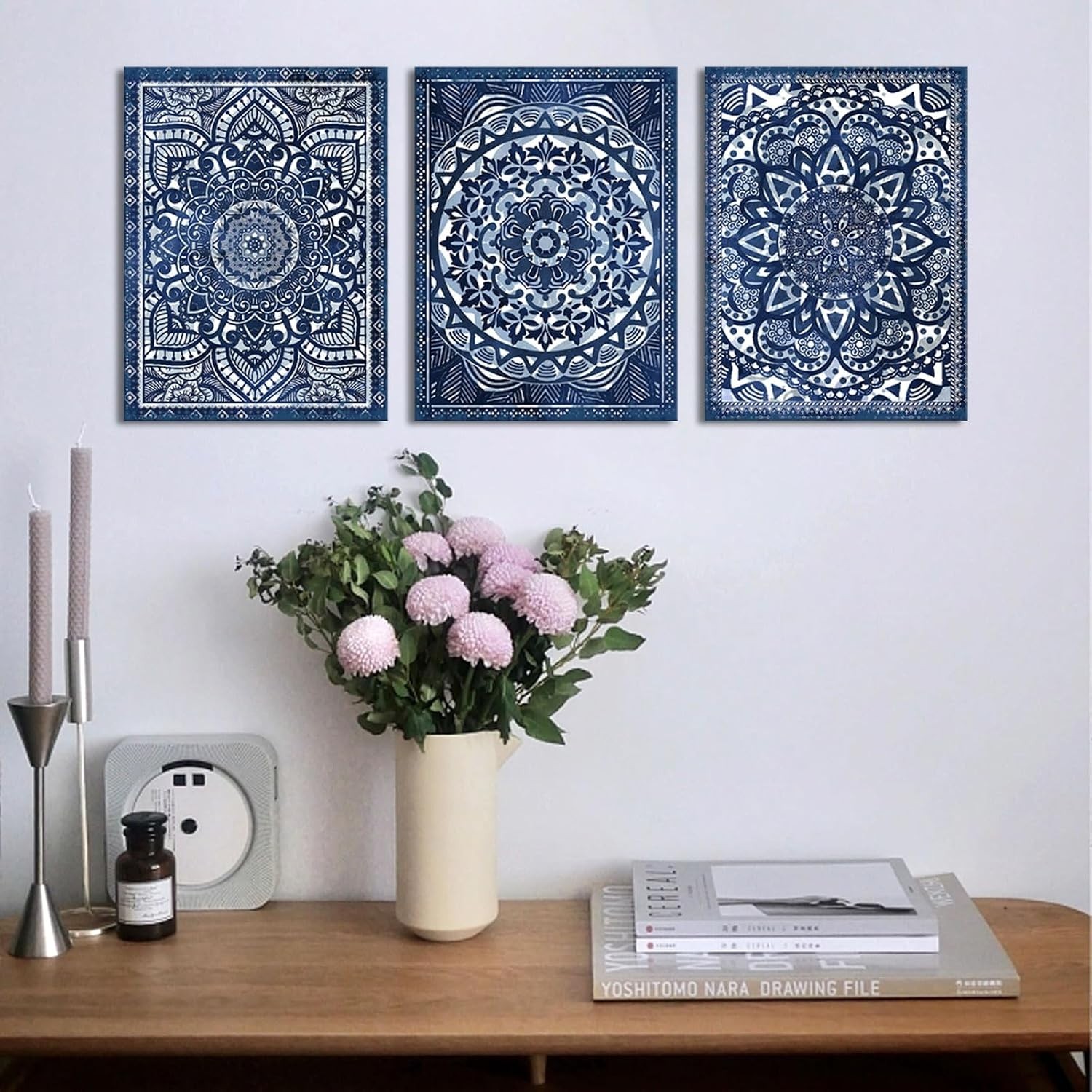 Mandala Art Prints Set – Navy Blue Wall Decor – 12×16 inches