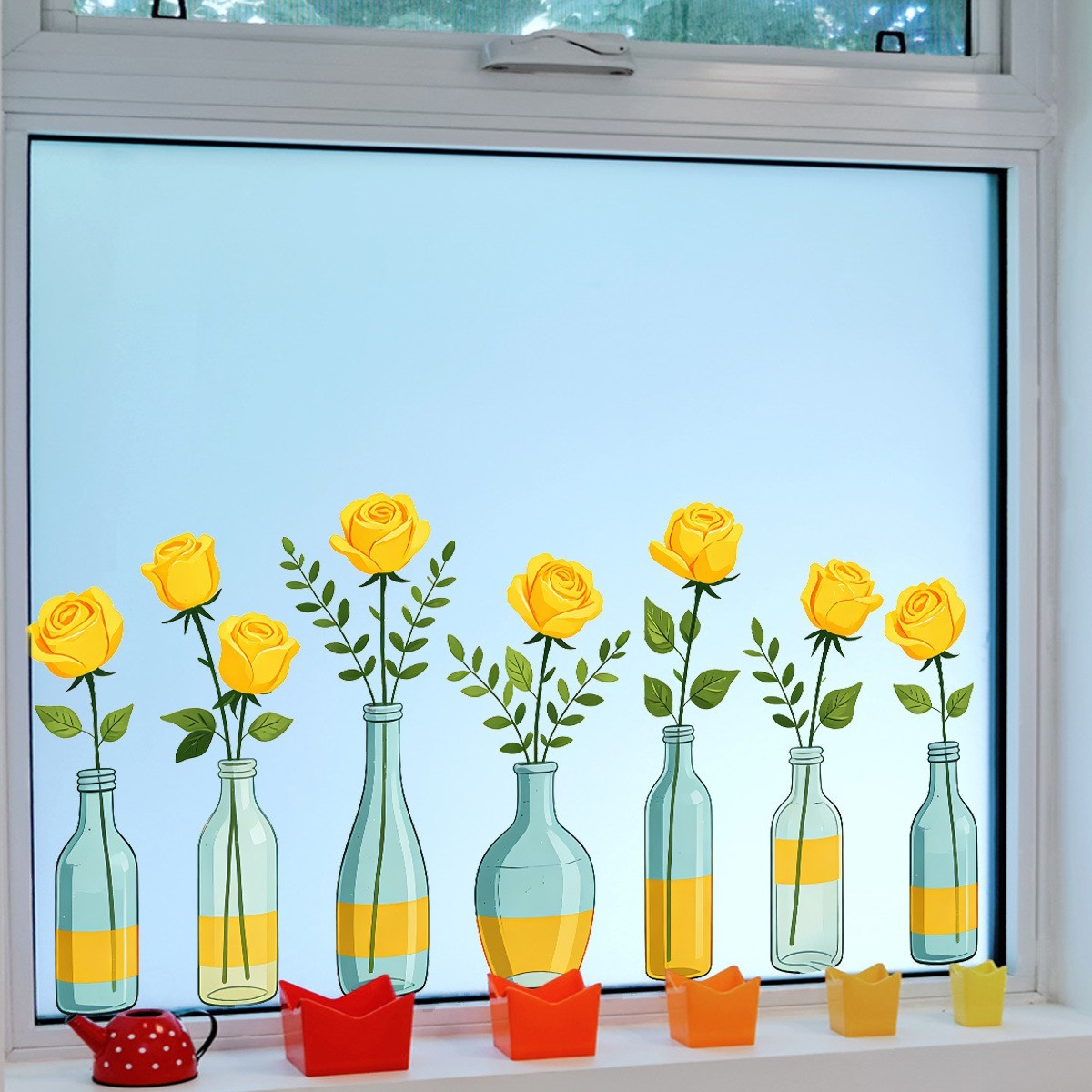 PVC Yellow Rose Window Cling 23.6×11.8in Double-Sided for Indoor Outdoor