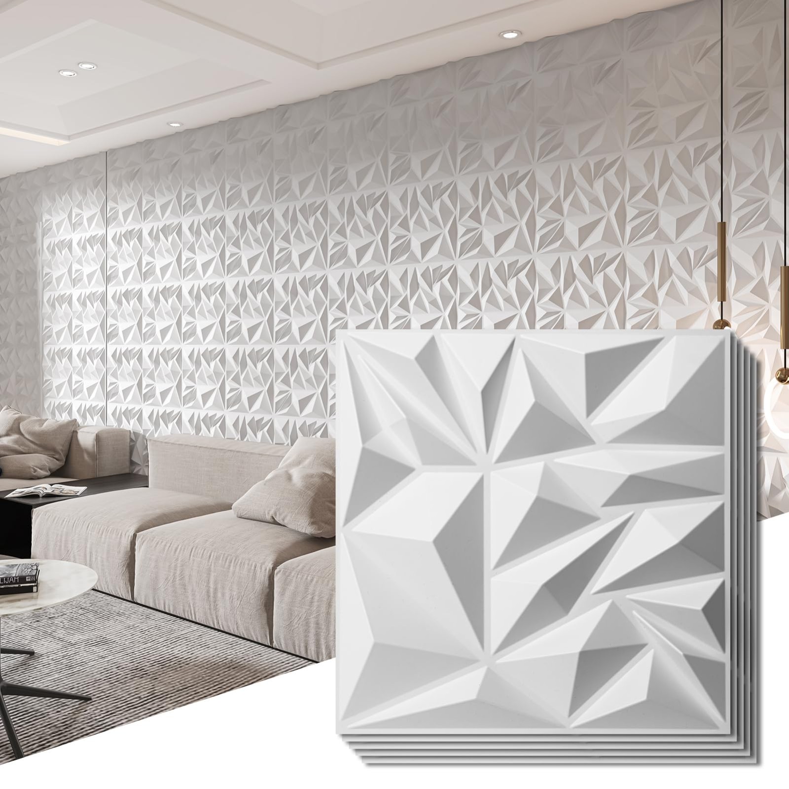 33-Pack 3D Wall Panels for Interior Decor, Modern Diamond Accent Wall, 12×12" Wh