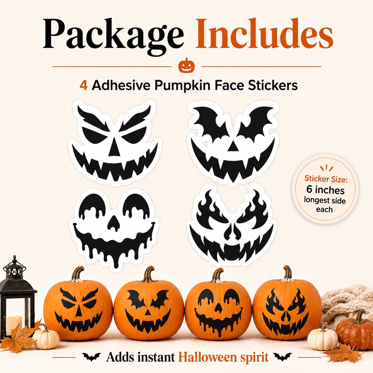 Halloween Pumpkin Face Sticker Set | 4 Reusable Jack-O'-Lantern Vinyl Decals