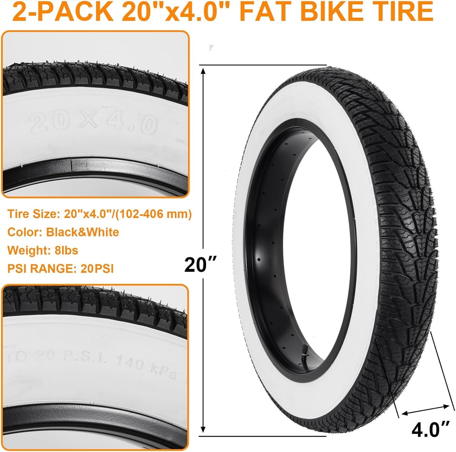 2-Pack 20X4.0 Fat Bike Tire, 20 Inch Mountain Bike Tires & Tubes Set, Folding Re