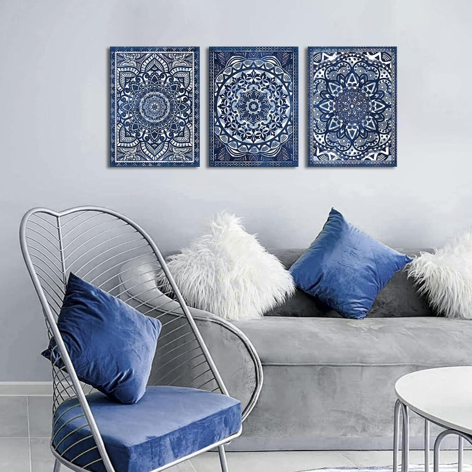 Mandala Art Prints Set – Navy Blue Wall Decor – 12×16 inches