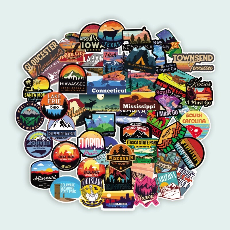 50 Pcs USA State Stickers Travel United States of America Sticker American