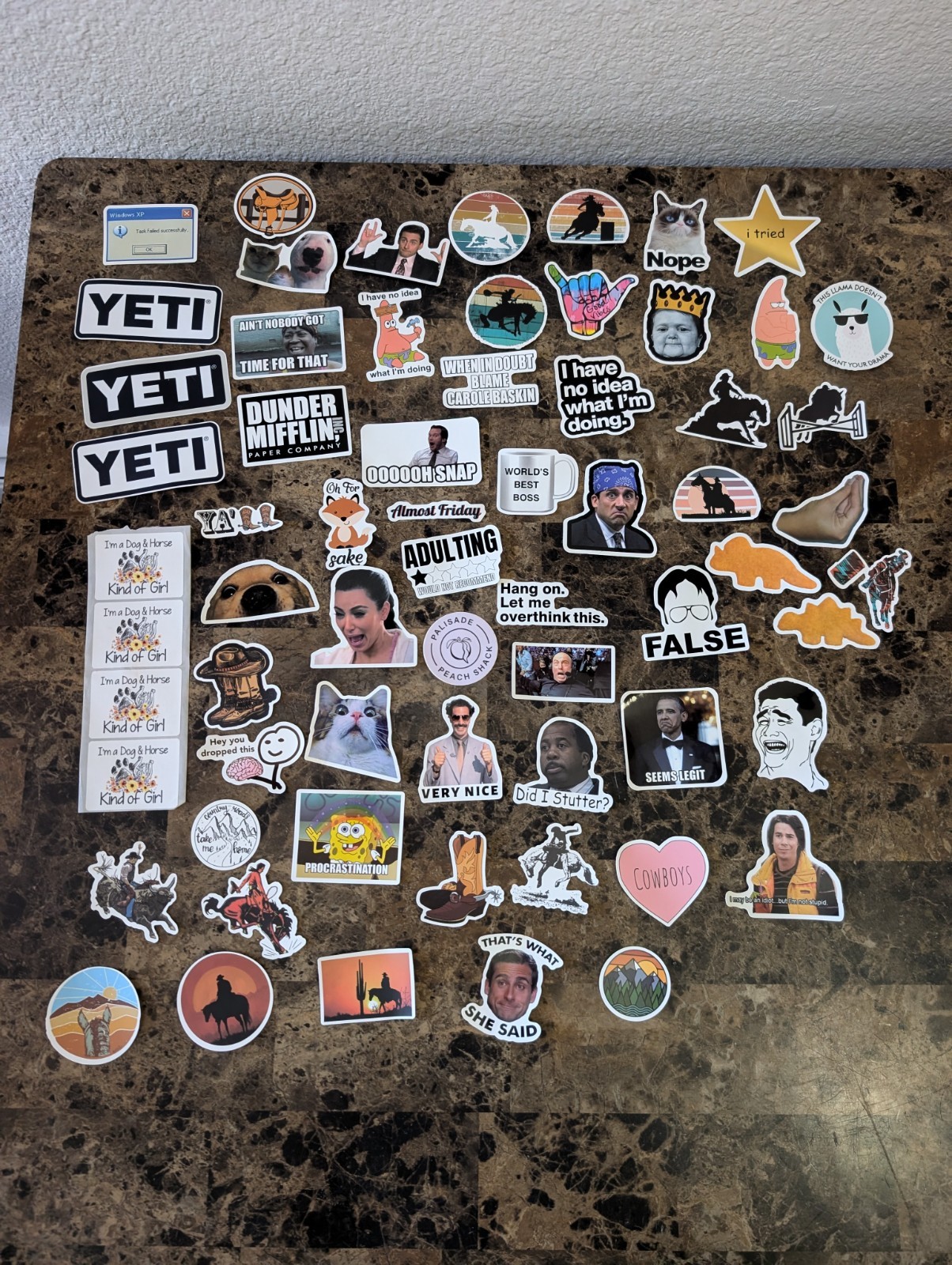 Lot Of Miscellaneous Stickers Western, Memes, Horses, The Office, Yeti, Etc