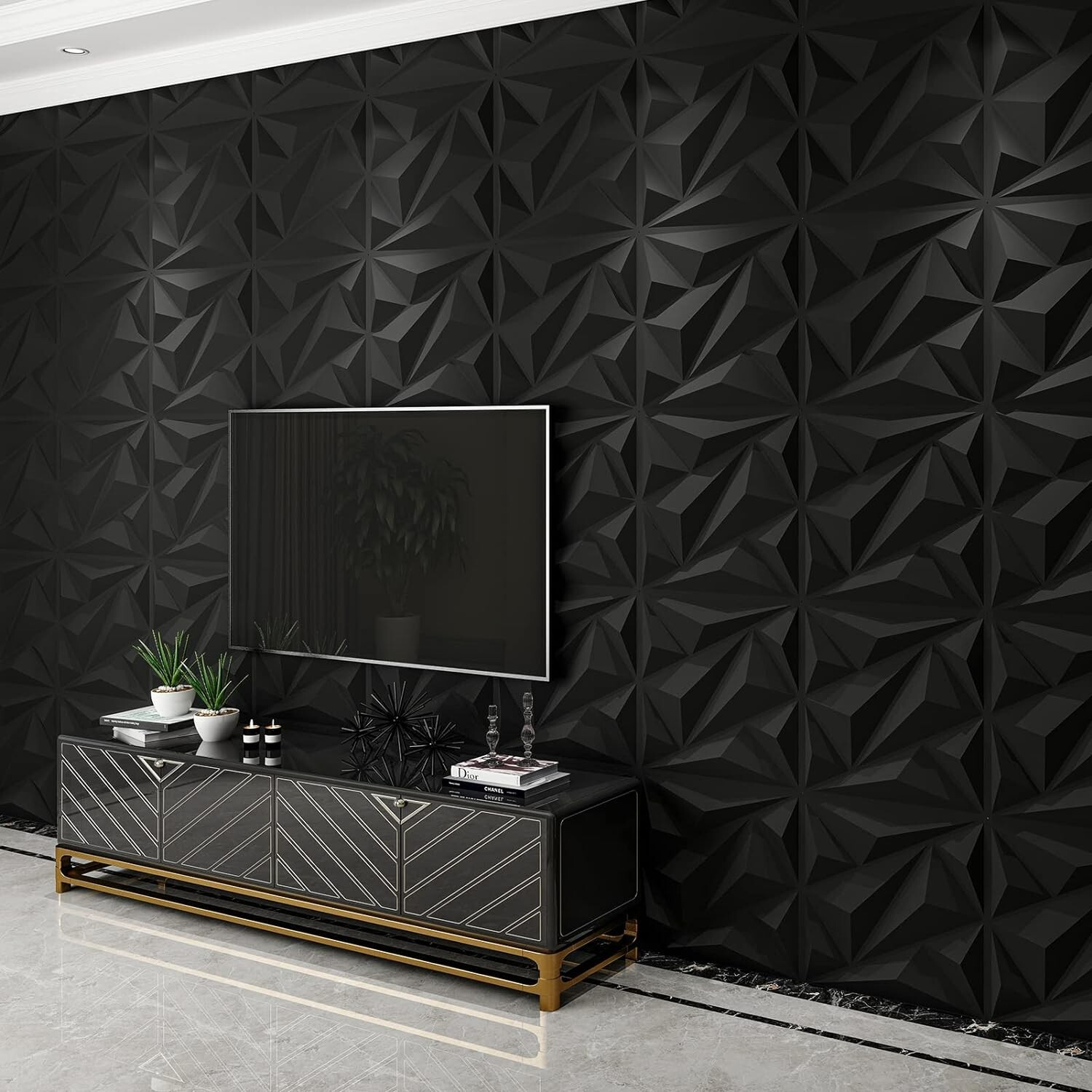 33 Luxury Diamond Wall Panels – Versatile PVC – Black – 12"x12" – 32.Sq.Ft.