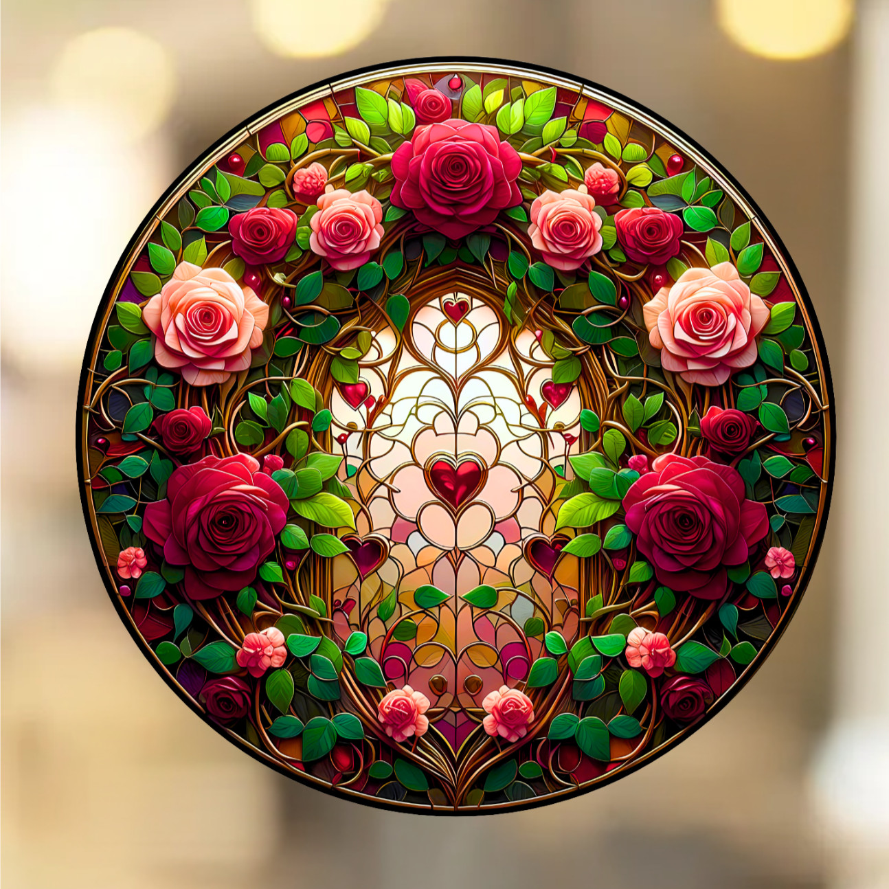 Roses & Heart Faux Stained-Glass WINDOW CLING Suncatcher Size 8" Round