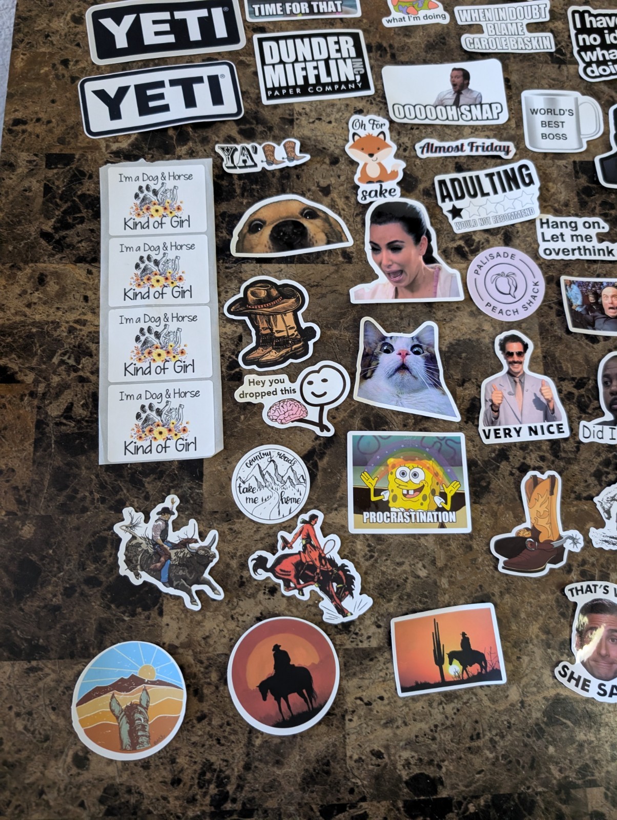 Lot Of Miscellaneous Stickers Western, Memes, Horses, The Office, Yeti, Etc
