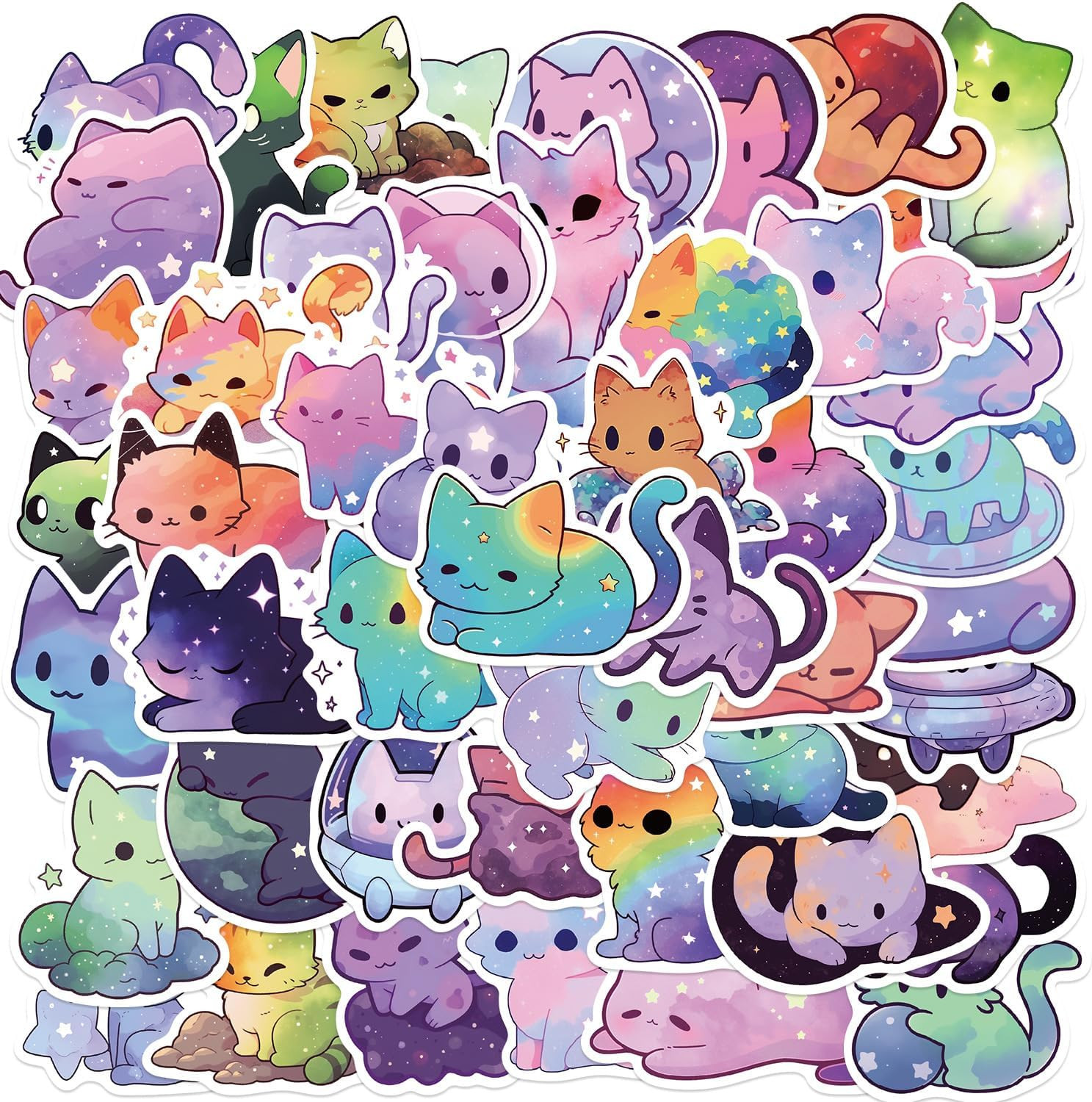 Cute Night Sky Cats Stickers for Kids Teens Adults, 50Pcs Cool Rainbow Starry Sk