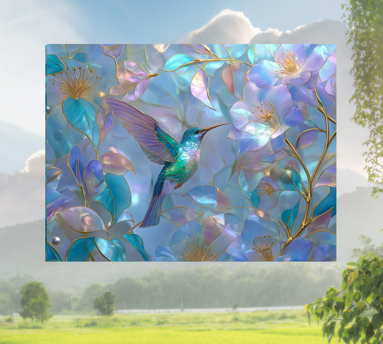 Hummingbird Faux Stained Glass WINDOW CLING Size 10.6" Vinyl Window Decoration