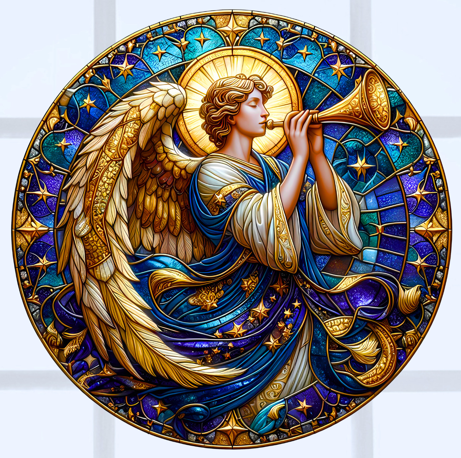 Male Angel Christmas Faux Stained-Glass WINDOW CLING Size 8" Round Vinyl