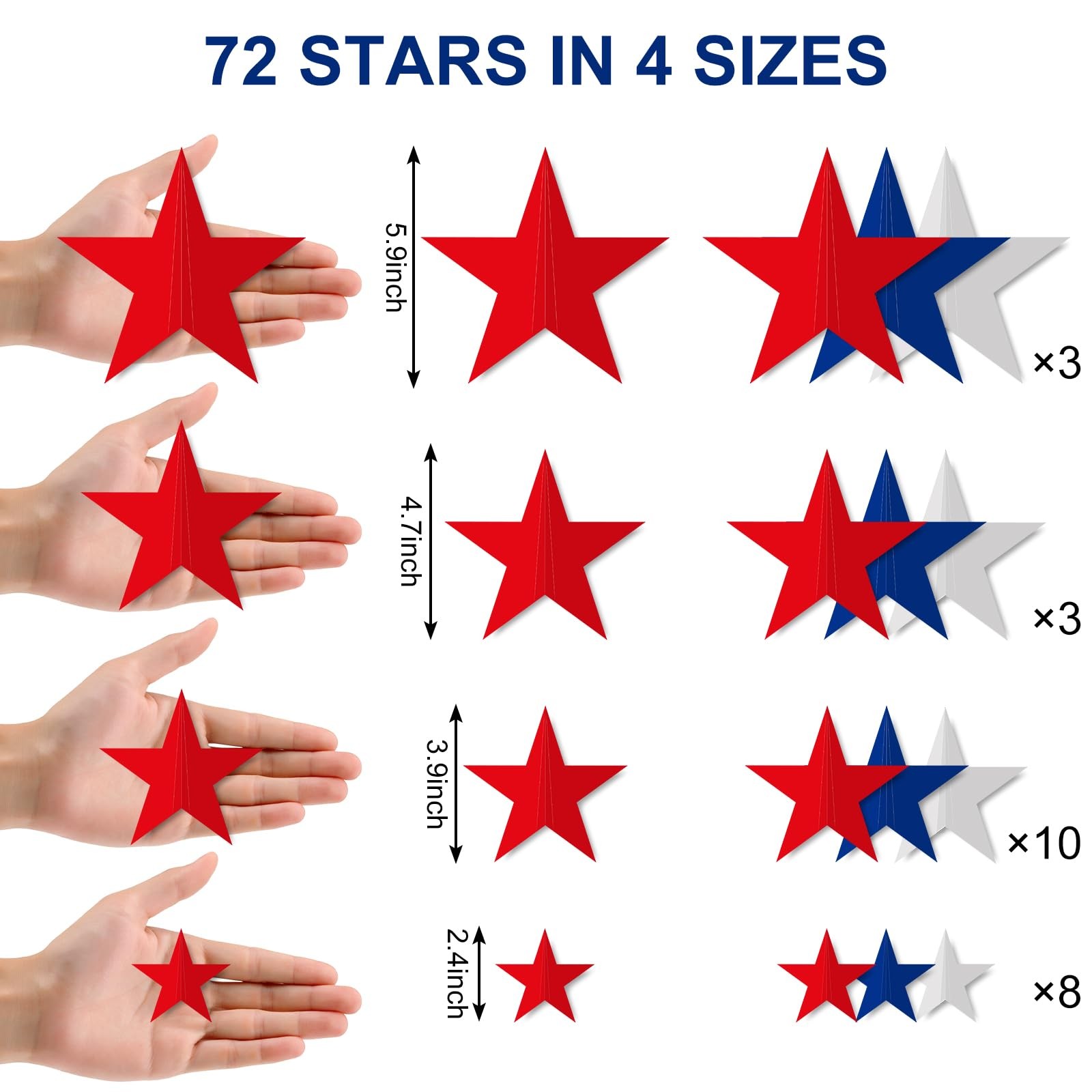 72Pcs 3D Patriotic Wall Stickers Red Blue White Star Window Decals 4th of July R