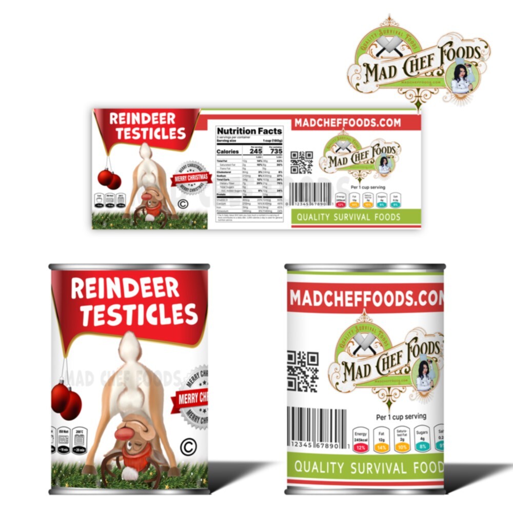 FUNNY CHRISTMAS Reindeer Testicle Can Label STOCKING STUFFER Joke Gag Gift Santa