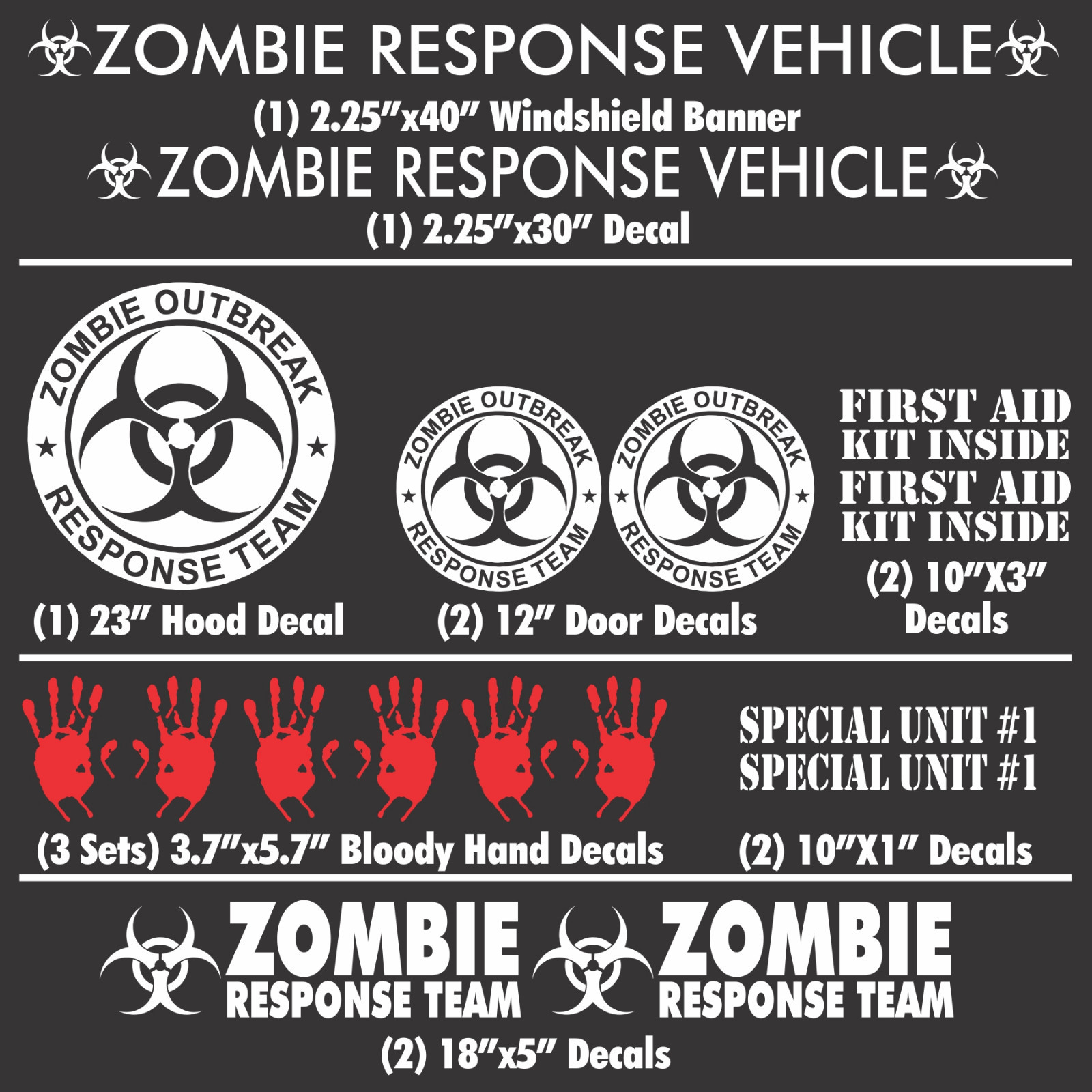 Zombie Outbreak Response Team 17 Piece Silver Vehicle sticker kit car truck set