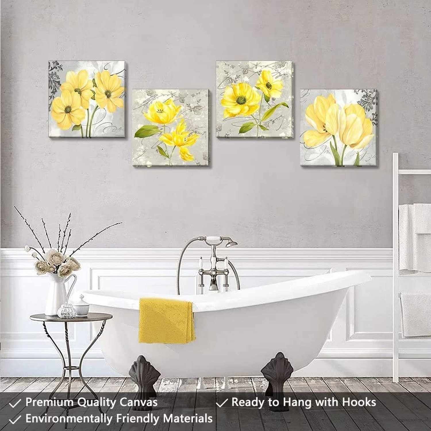 Yellow Wall Art Bedroom 4 Piece Grey Flower Pictures Kitchen Gray Floral Canv…