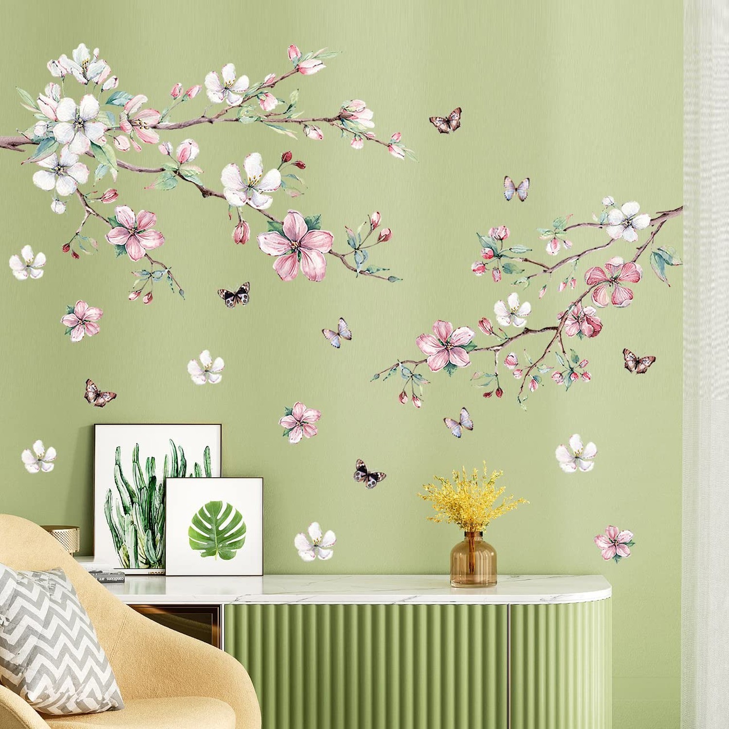 AM AMAONM Removable 3D Ink Style Brown Tree Branches and Pink WhiteFlower Wal…