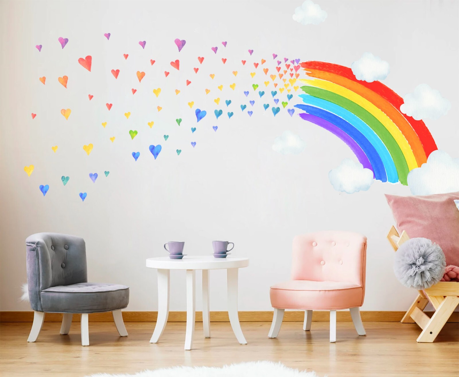 Watercolor Rainbow Colorful Hearts Removable Wall Fabric Decal Set Sticker