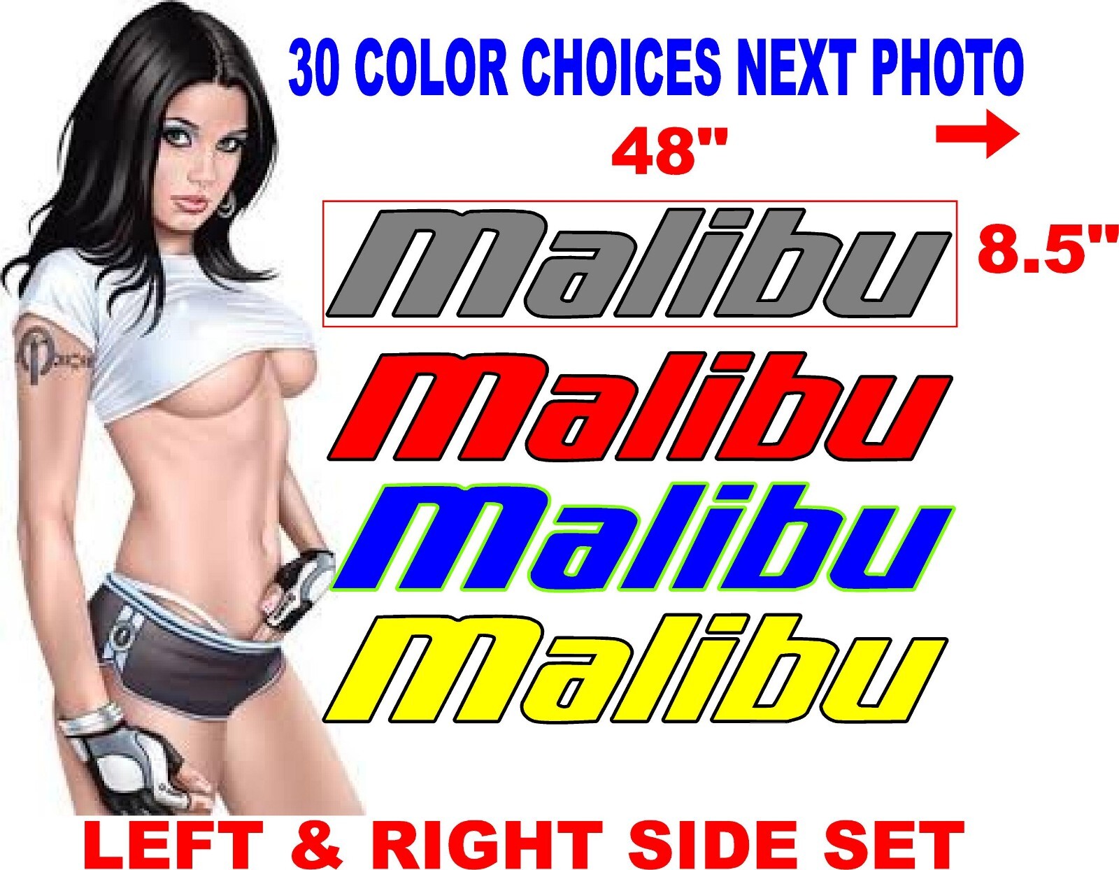 Malibu Boats Boat Vinyl Decal Sticker 2 colors Set of 2 Free Shipping 48" X 8.5"
