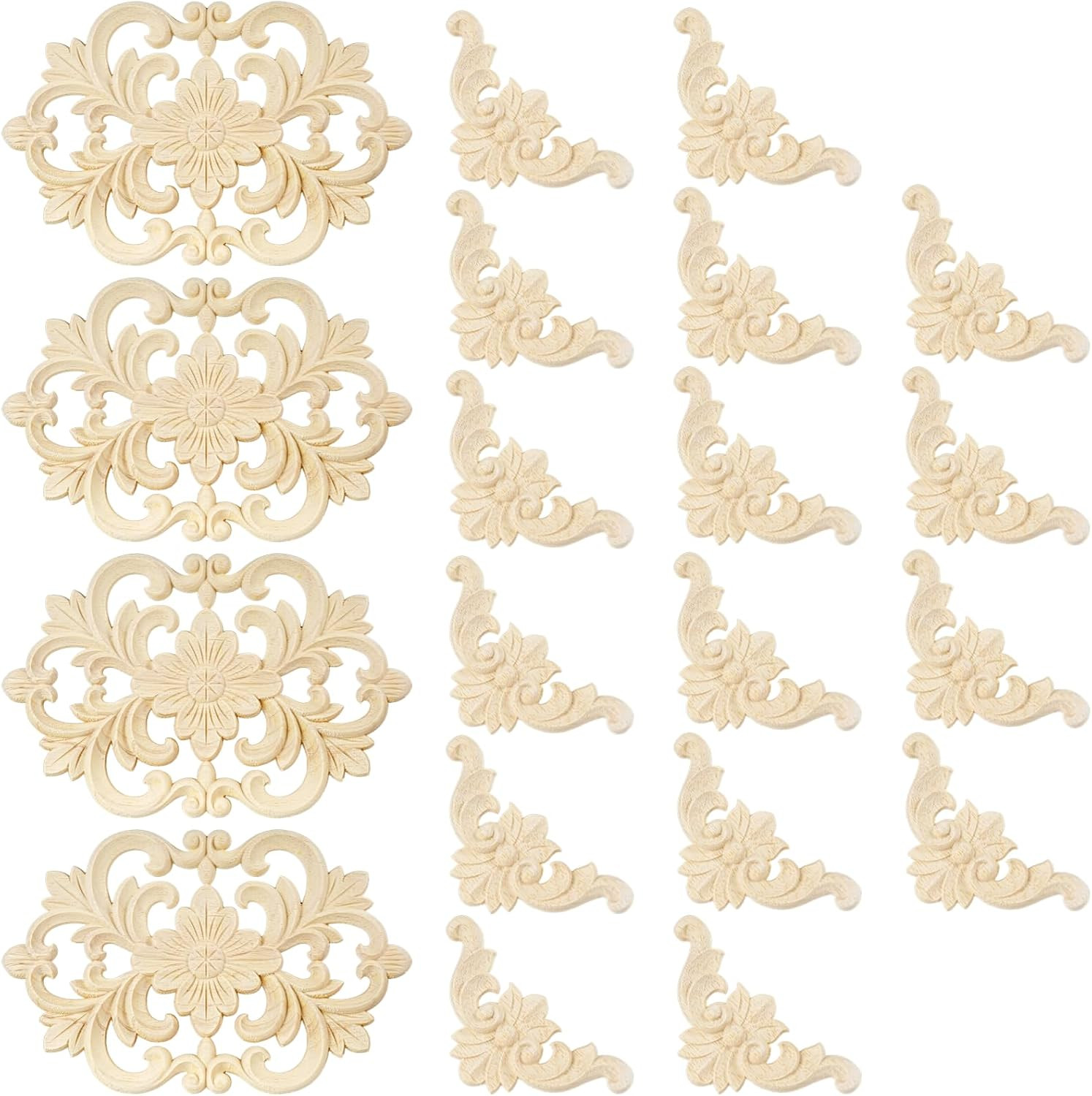 20 Pcs Wood Carved Appliques Onlays, Decorative Flower Decals for Furniture