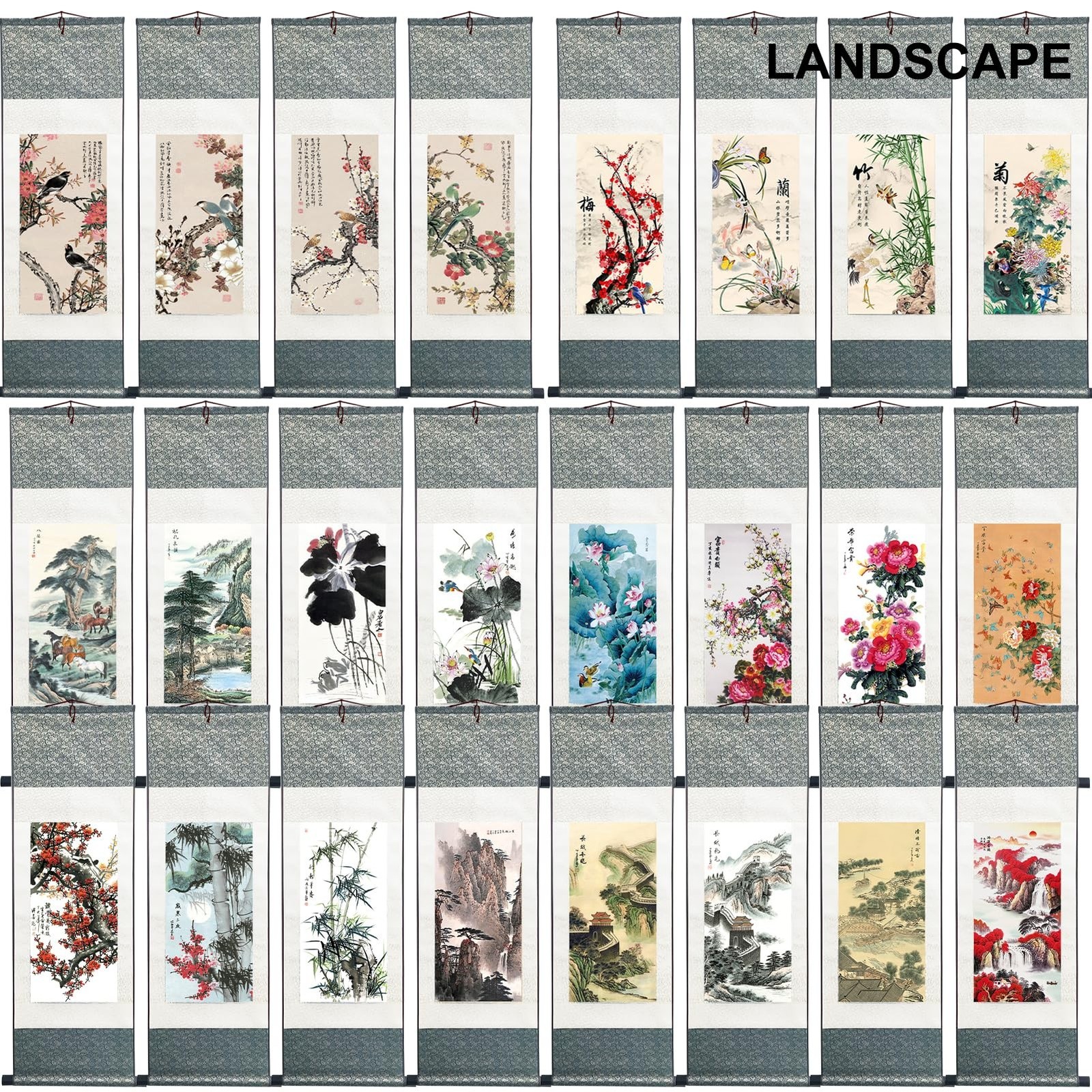 Ziosxin Chinese Art – Landscape Ink & Flower Bird Scroll Painting, Silk Tapes…