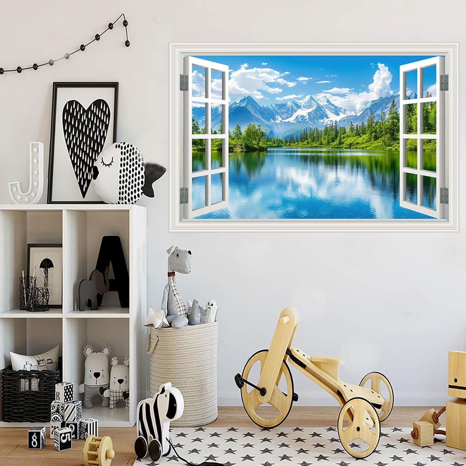 Fake Window Wall Mural Sticker Mountain Lake Forest Tree Faux Window Wall Cling