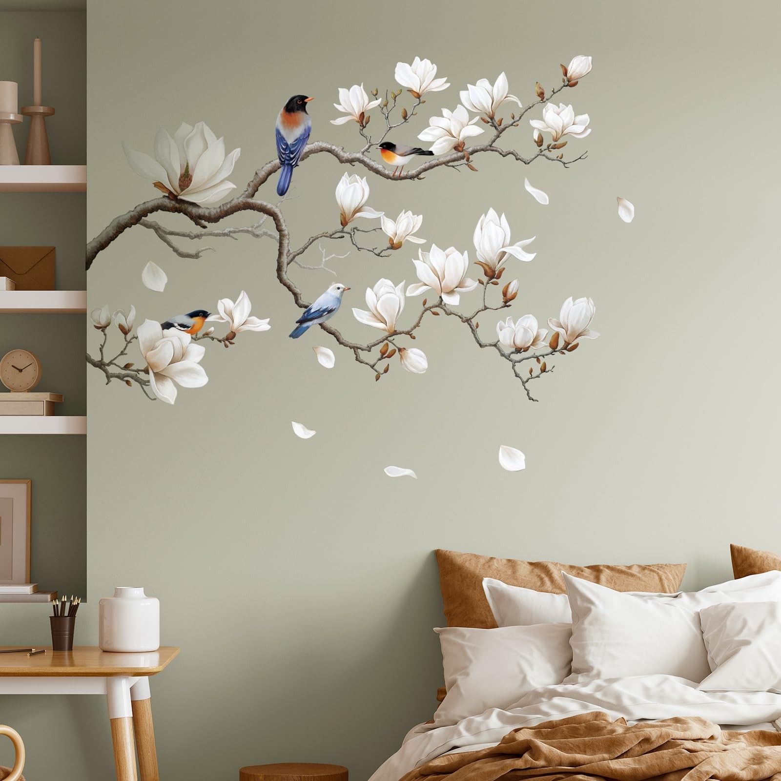 White Magnolia Tree Wall Decals Peel and Stick, Trees Flowers Wall Decor Stic…