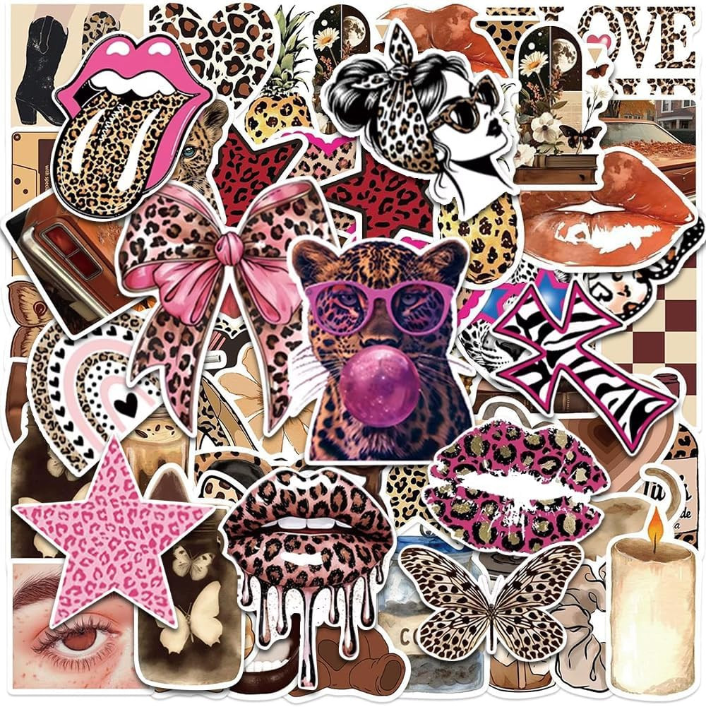 100PCS Leopard Print Stickers Pack – Pink Brown Aesthetic Animal Decals