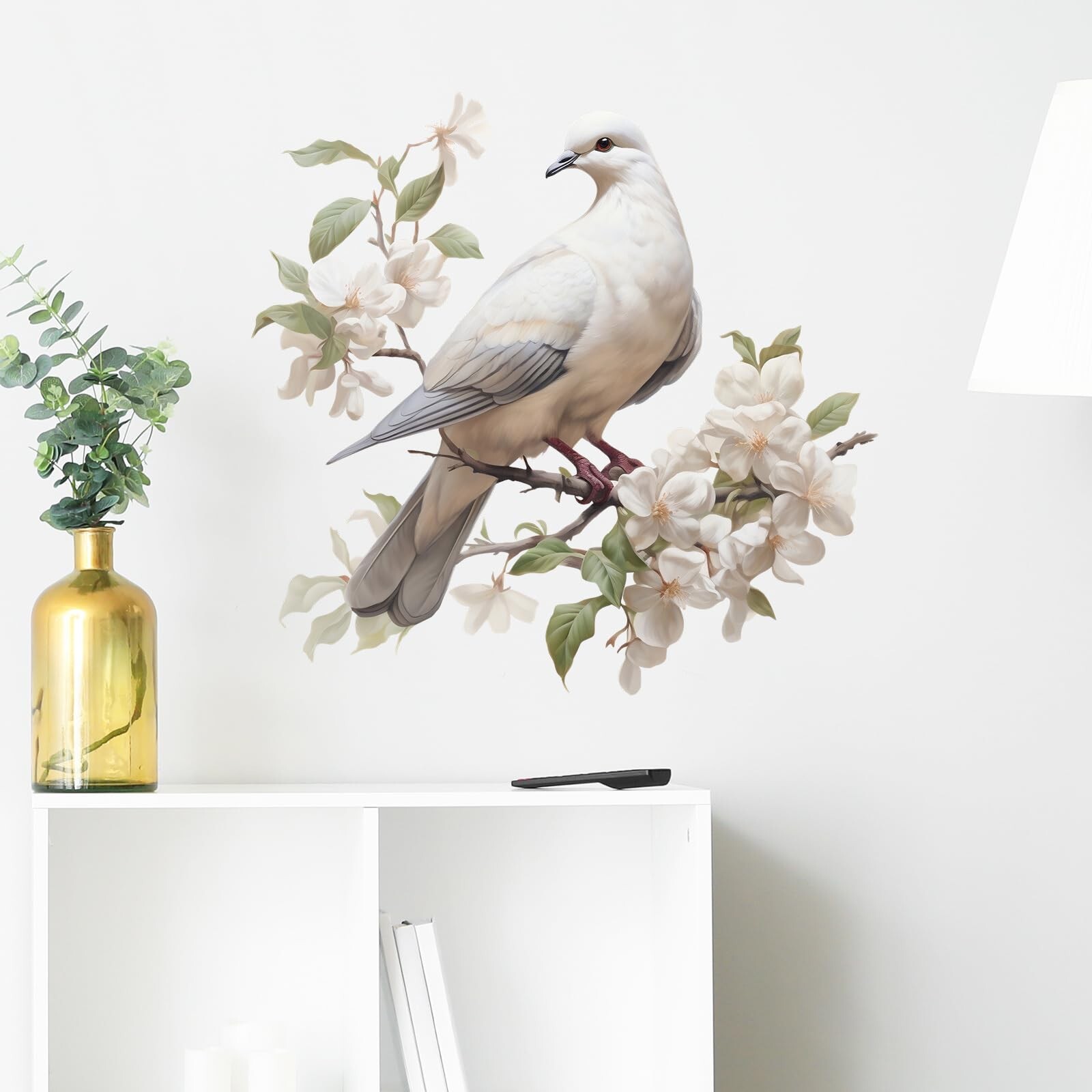 Watercolor Soaring Dove Amidst Blooming White Flowers Wall Stickers Nursery A…