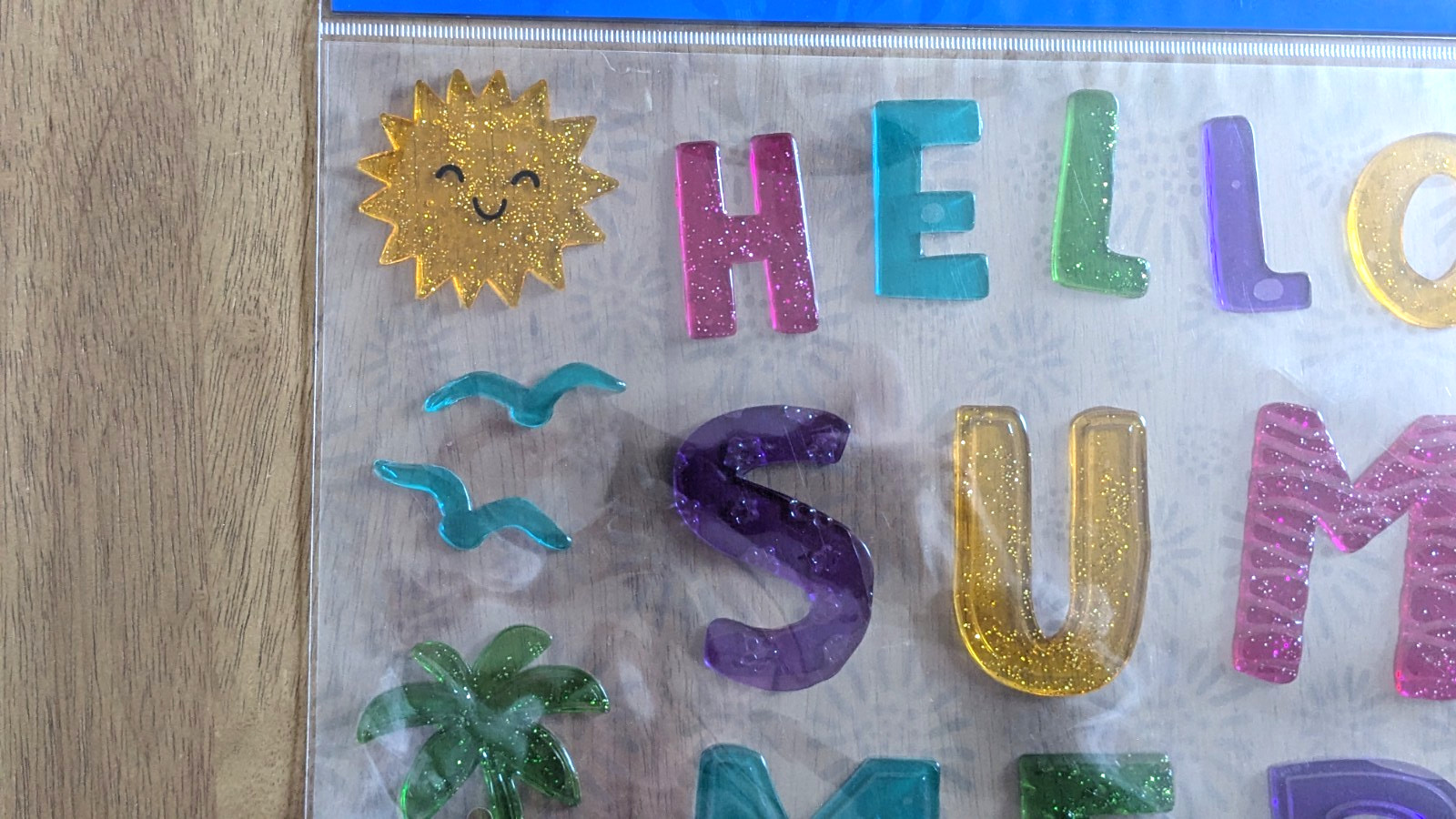 Hello Summer Colorful Window Gel Clings Stickers text palm tree bird sun decor