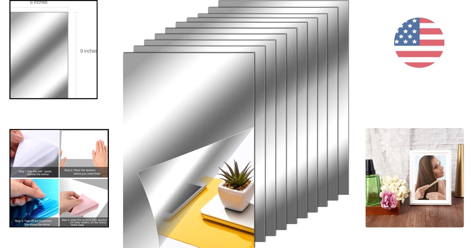 10 Flexible Self-Adhesive Mirror Sheets 6×9 in – Transform Your Decor Elegantly