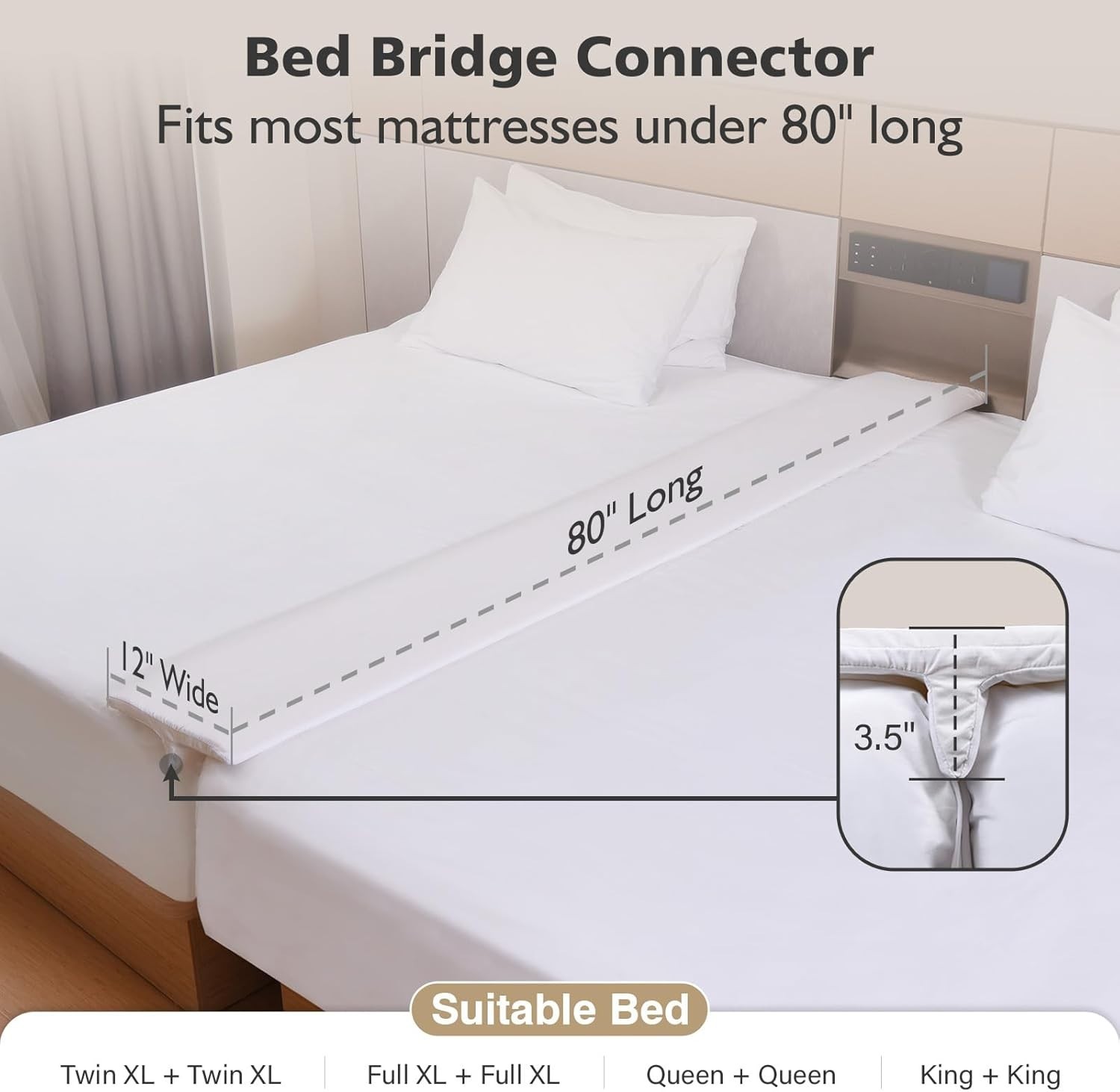 80" X 12" Extra‑Wide Split King Gap Filler for Adjustable Bed, Twin to King Bed
