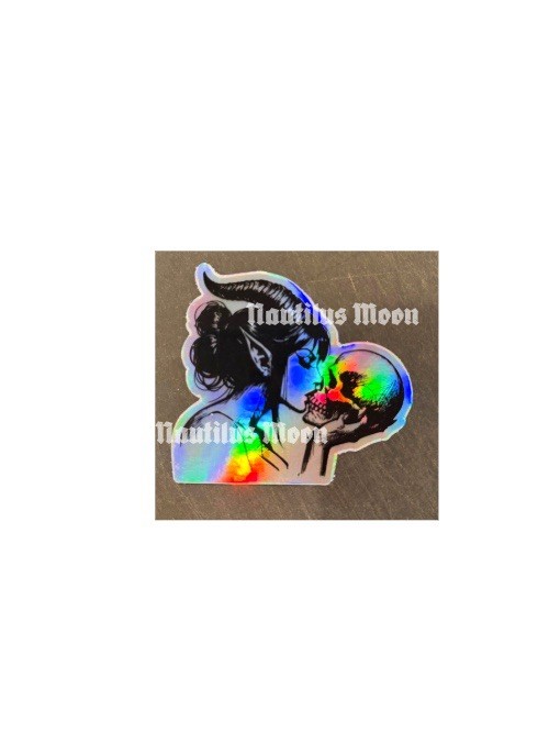 Goth Witch / Elf Kissing Skull holographic Die-Cut 3" wide – Free Shipping