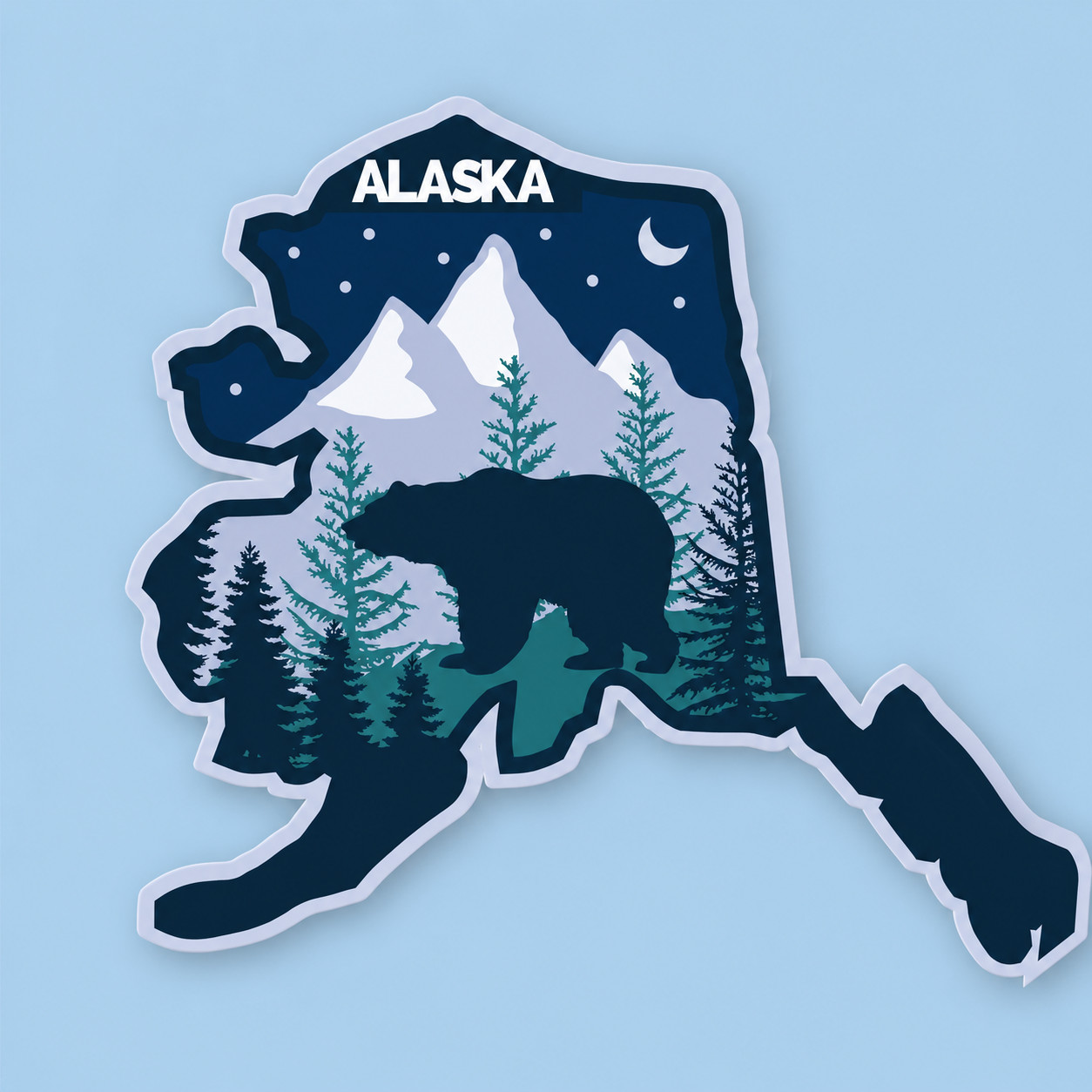 Alaska Vinyl Sticker 4×3.5in – Waterproof with Night Sky Bear and Mountains