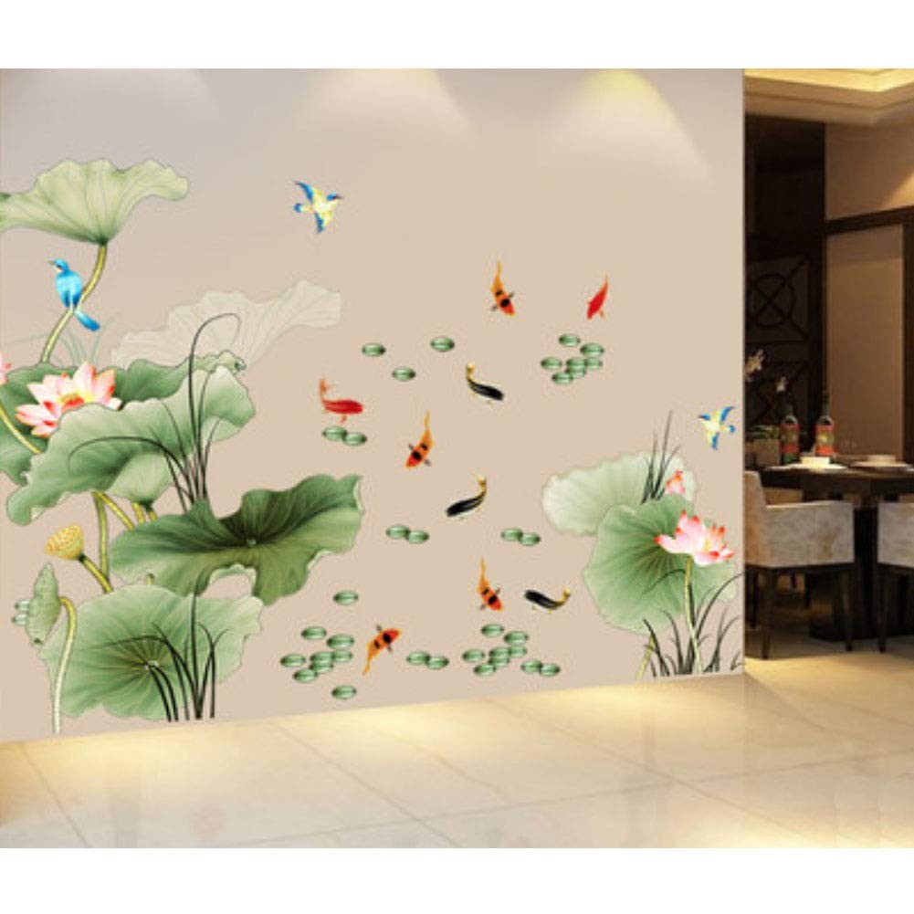 Lotus Flower Bird Fish Wall Decor Decal Sticker,Living Room PVC Mural Decorat…