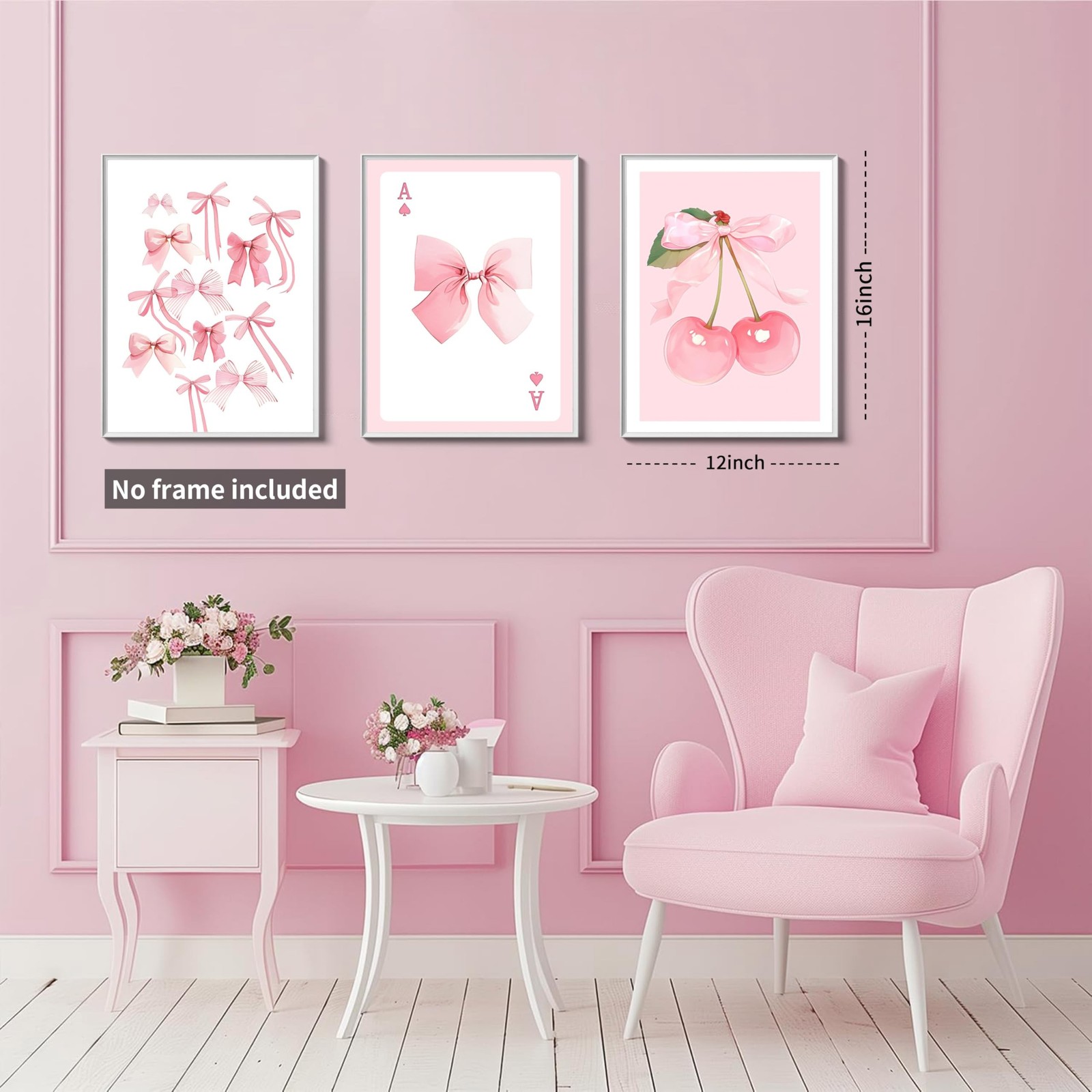 Trendy Pink Bows Posters Wall Art Set of 3, Vintage Preppy Cherry Picture Pri…