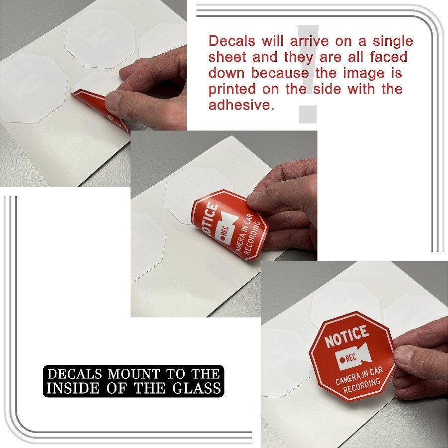 Camera in Car Recording Video 4-Pack INSIDE MOUNT Decals Red Stop Shape 2.75"