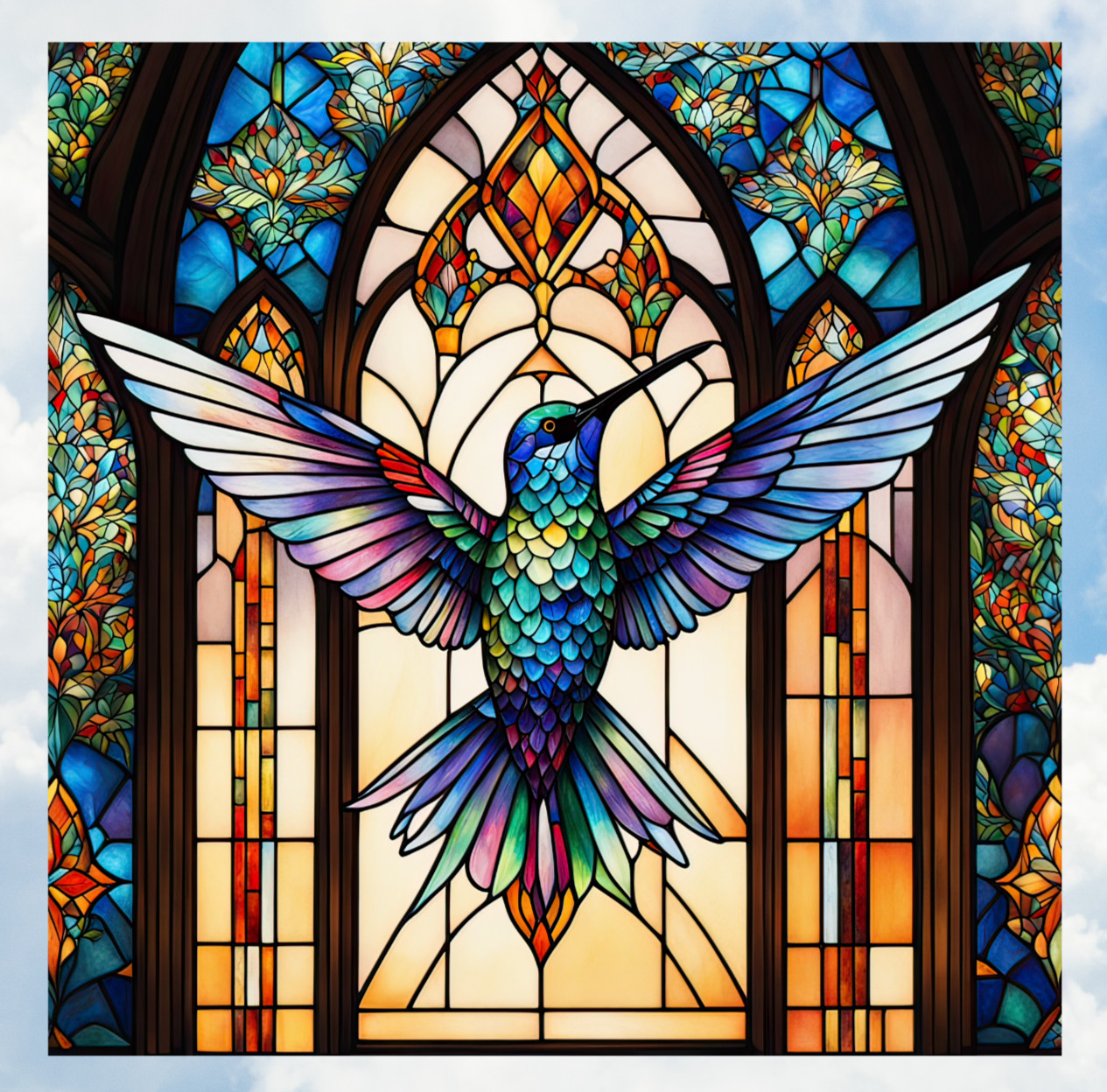 Hummingbird Faux Stained Glass WINDOW CLING Church Glass Arches ~ Size 8" Vinyl