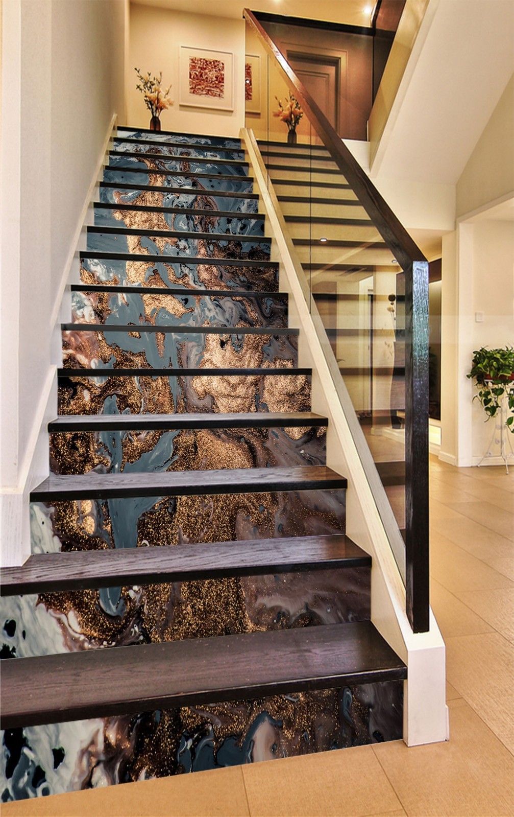 3D Gold Black Texture 1 Tile Marble Stair Riser Decoration Vinyl Wallpaper Mural