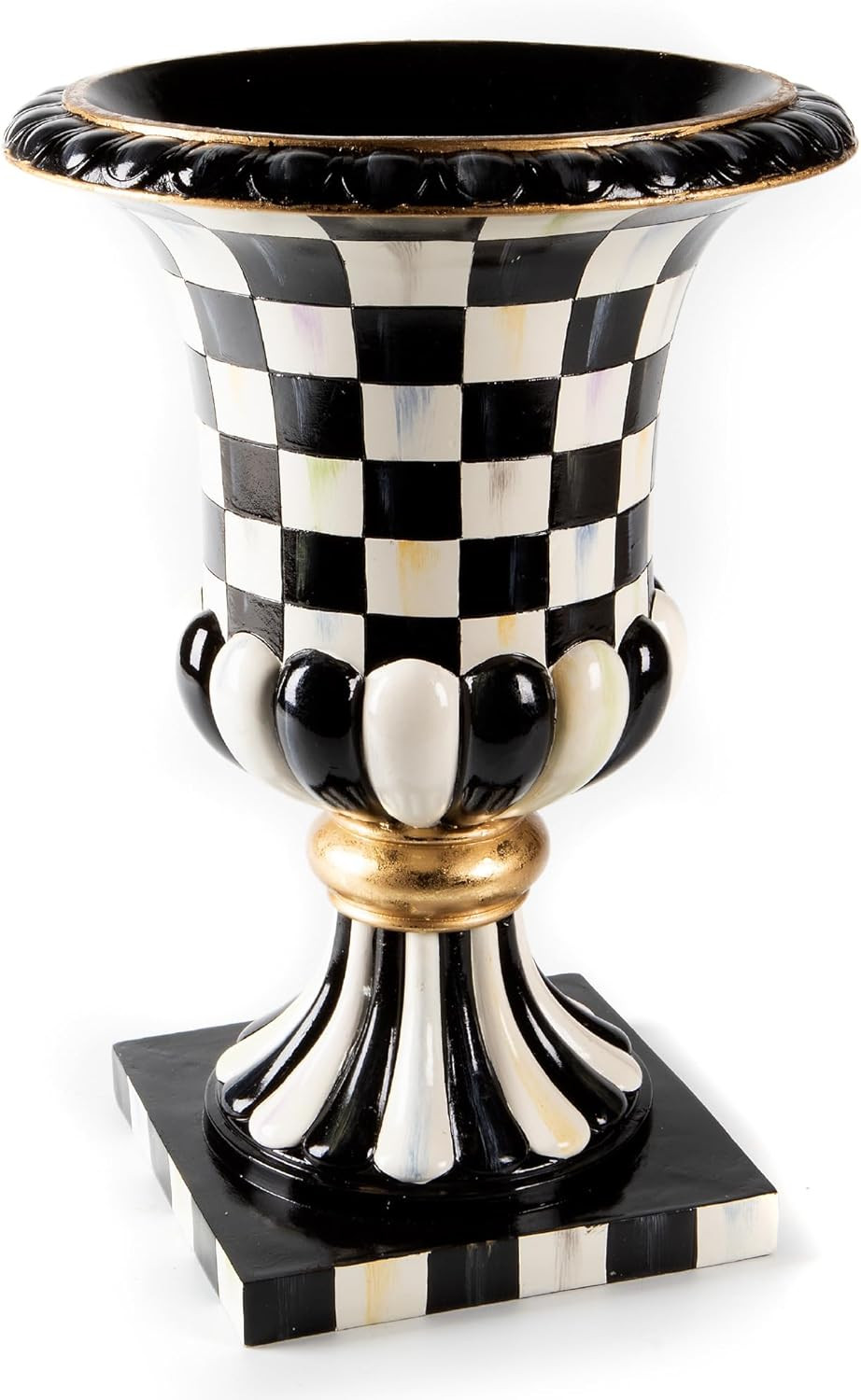 Tall Black-and-White Courtly Check Pedestal Tabletop Urn for Home Decor
