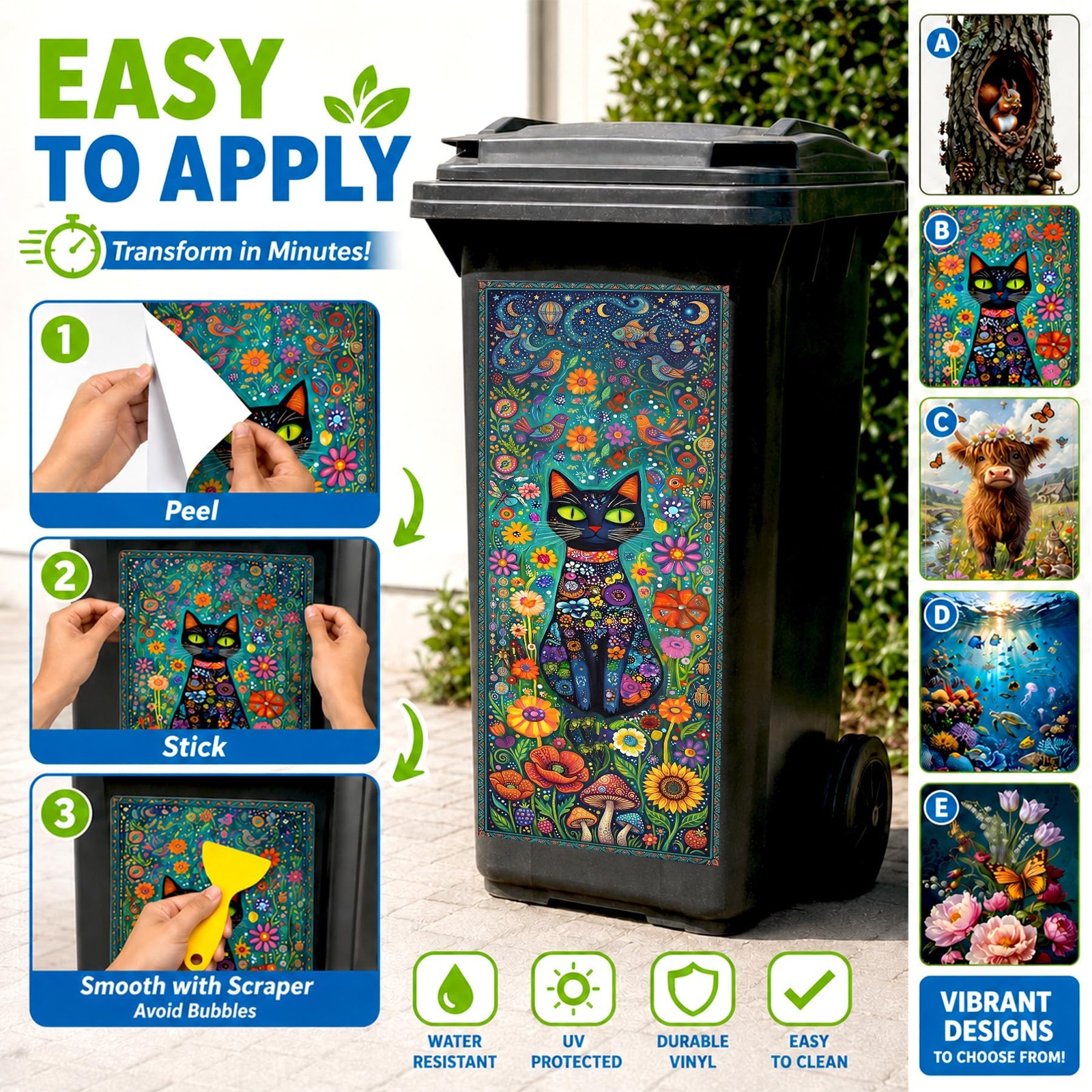 Flower Wheelie Bin Stickers Large Art Garbage Can Decals for Outside