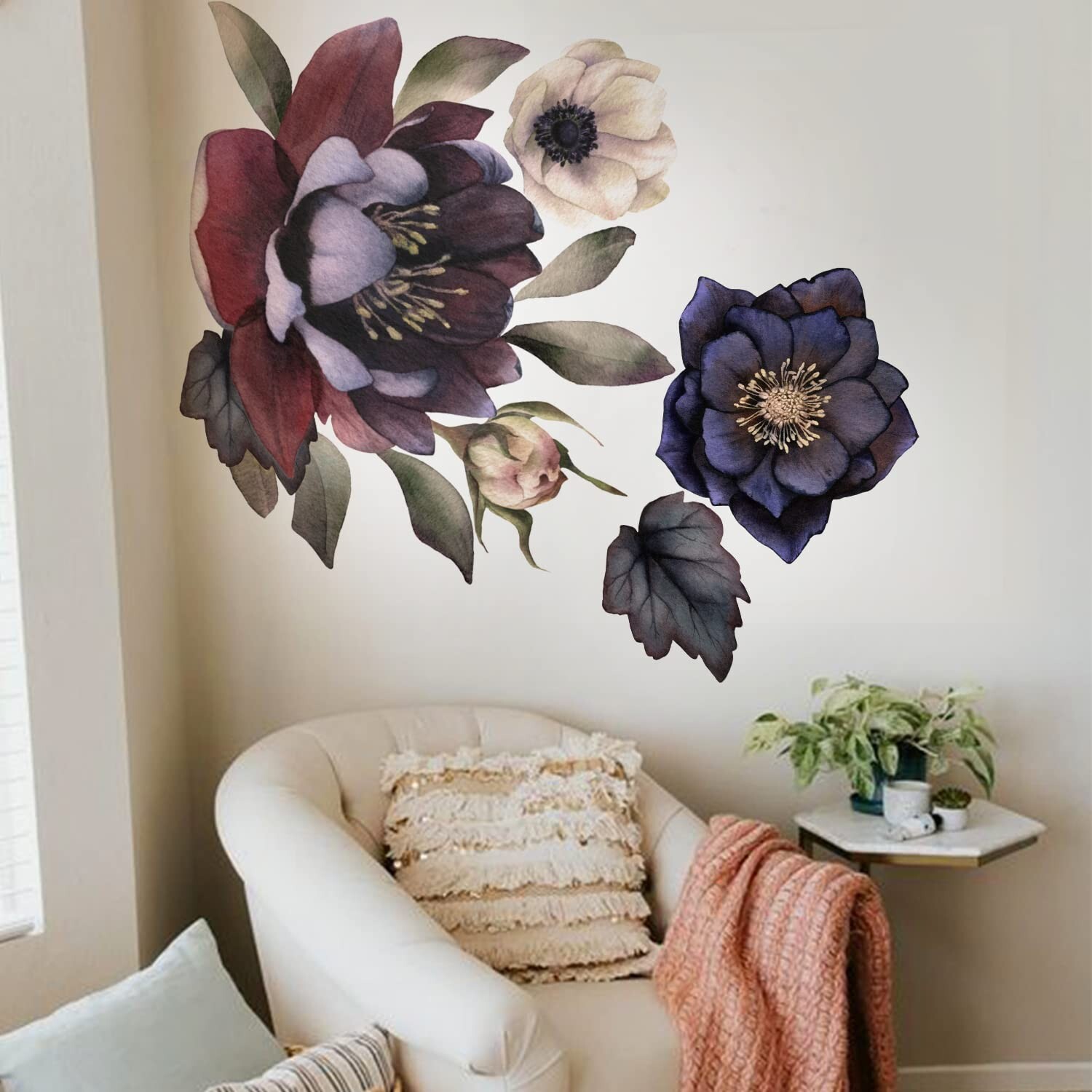 Fabric Peel and Stick Floral Wall Decal, Self-Adhesive Peony Flowers Wallpape…
